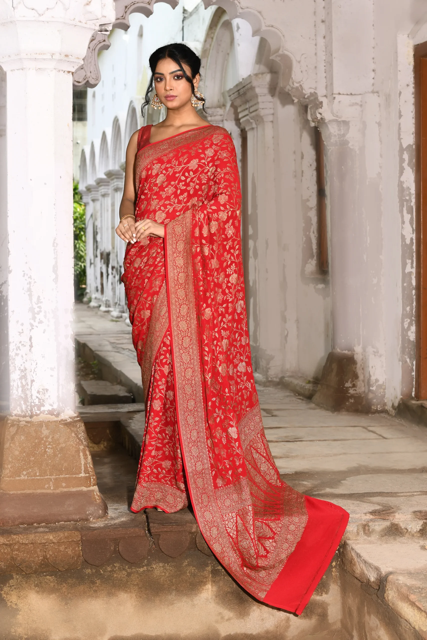 Bright Red Banarasi Silk Saree with Gold Zari Floral Jaal from Golden Muslin By Naaritva Banaras
