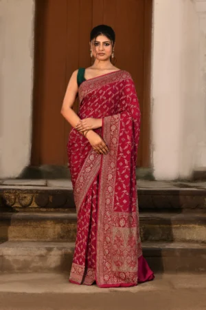 Wine Red Pure Banarasi Crepe Chiffon Silk Saree with Gold Zari Jaal from Golden Muslin By Naaritva Banaras
