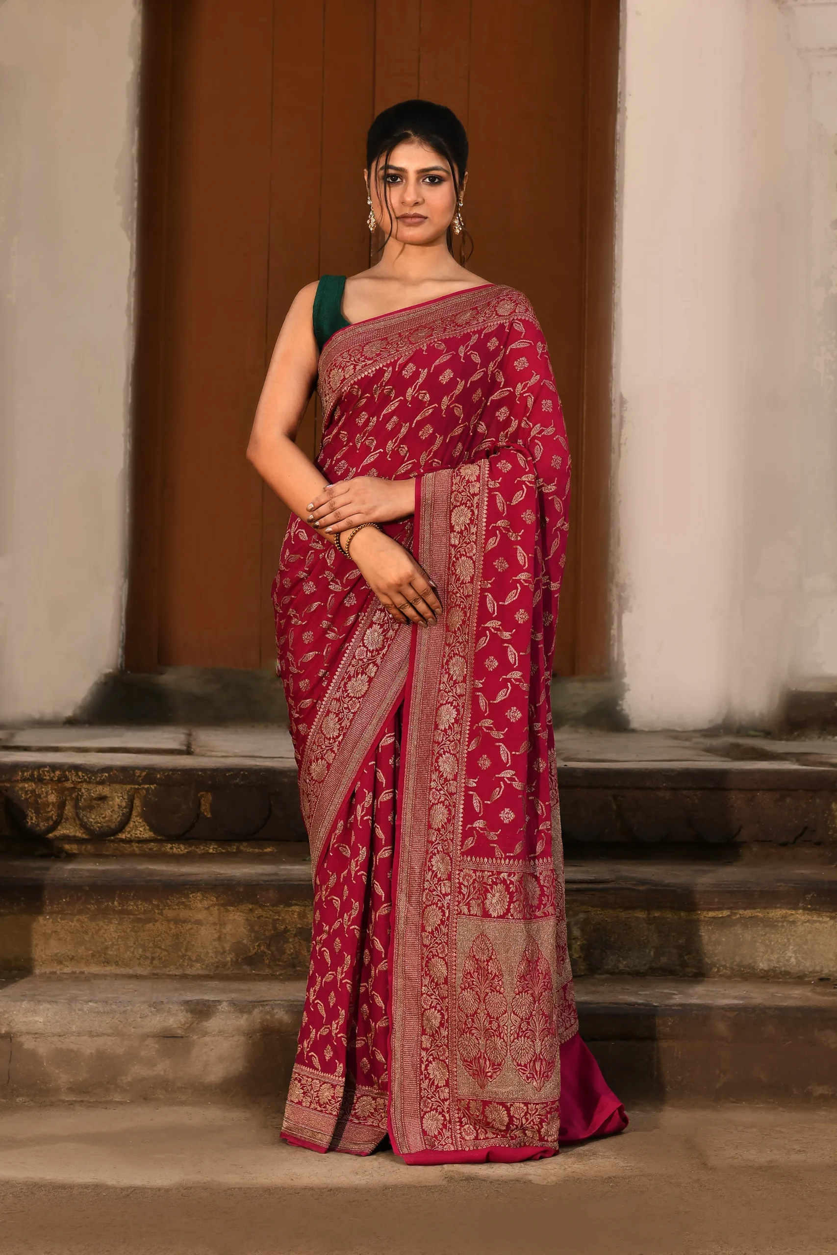 Wine Red Pure Banarasi Crepe Chiffon Silk Saree with Gold Zari Jaal from Golden Muslin By Naaritva Banaras