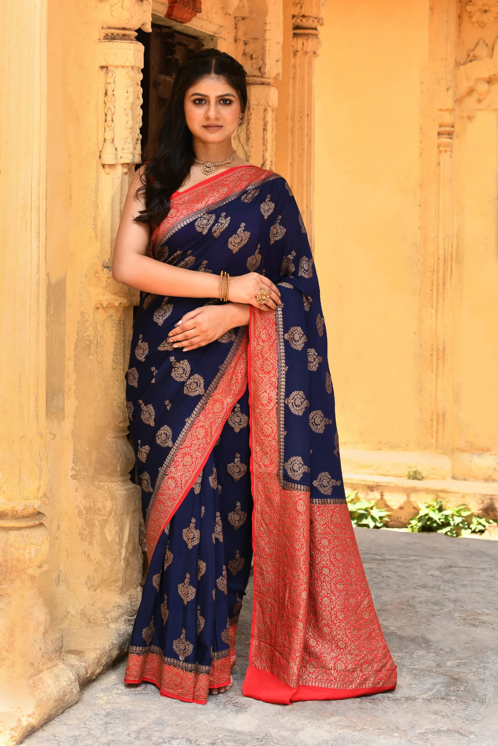 Navy Blue Pure Banarasi Crepe Chiffon Silk Saree with Gold Zari Buta from Golden Muslin By Naaritva Banaras