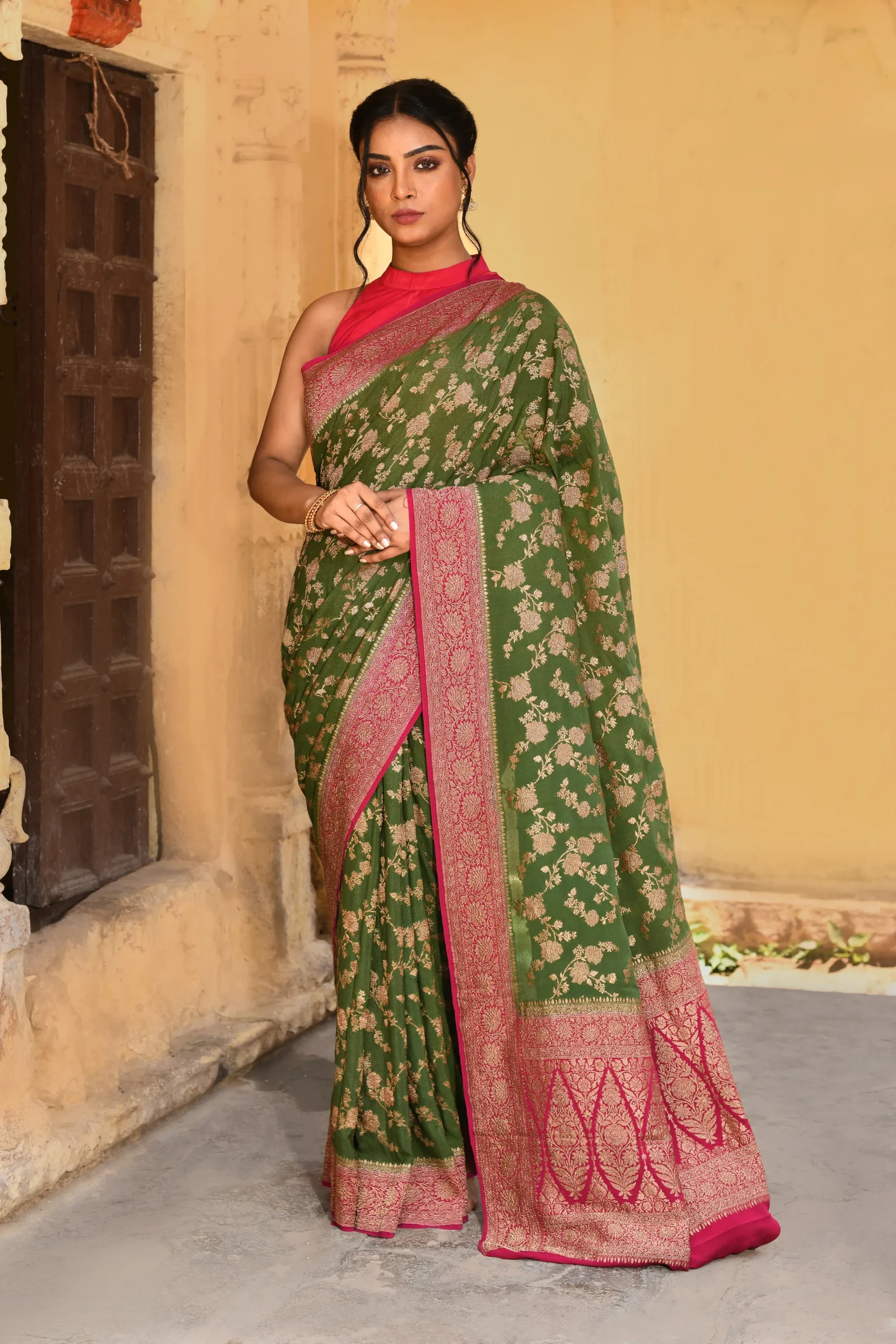Mehendi Green Pure Banarasi Crepe Chiffon Saree with Antique Gold Zari Jaal from Golden Muslin By Naaritva Banaras