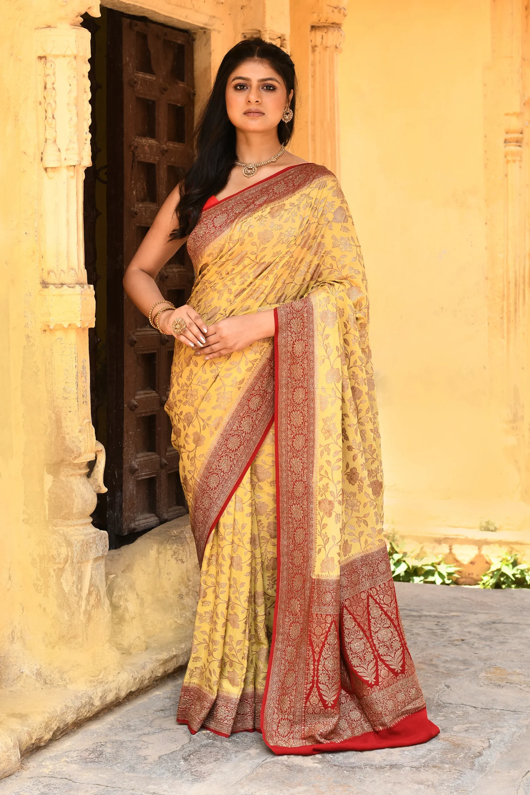 Light Yellow Pure Banarasi Crepe Chiffon Silk Saree with Gold Zari Floral Jaal from Golden Muslin By Naaritva Banaras