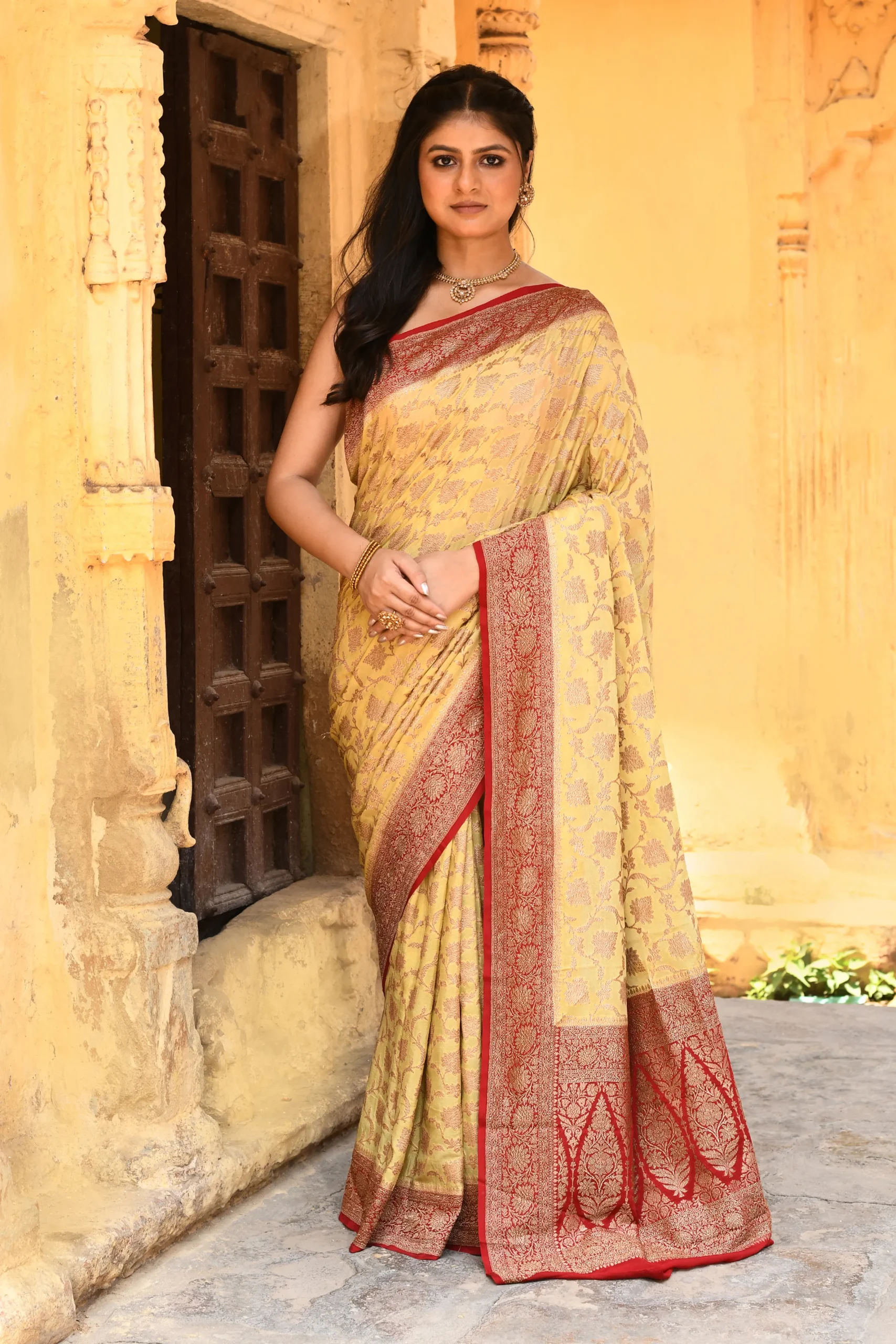 Beige Pure Banarasi Crepe Chiffon Silk Saree with Gold Zari Floral Jaal from Golden Muslin By Naaritva Banaras