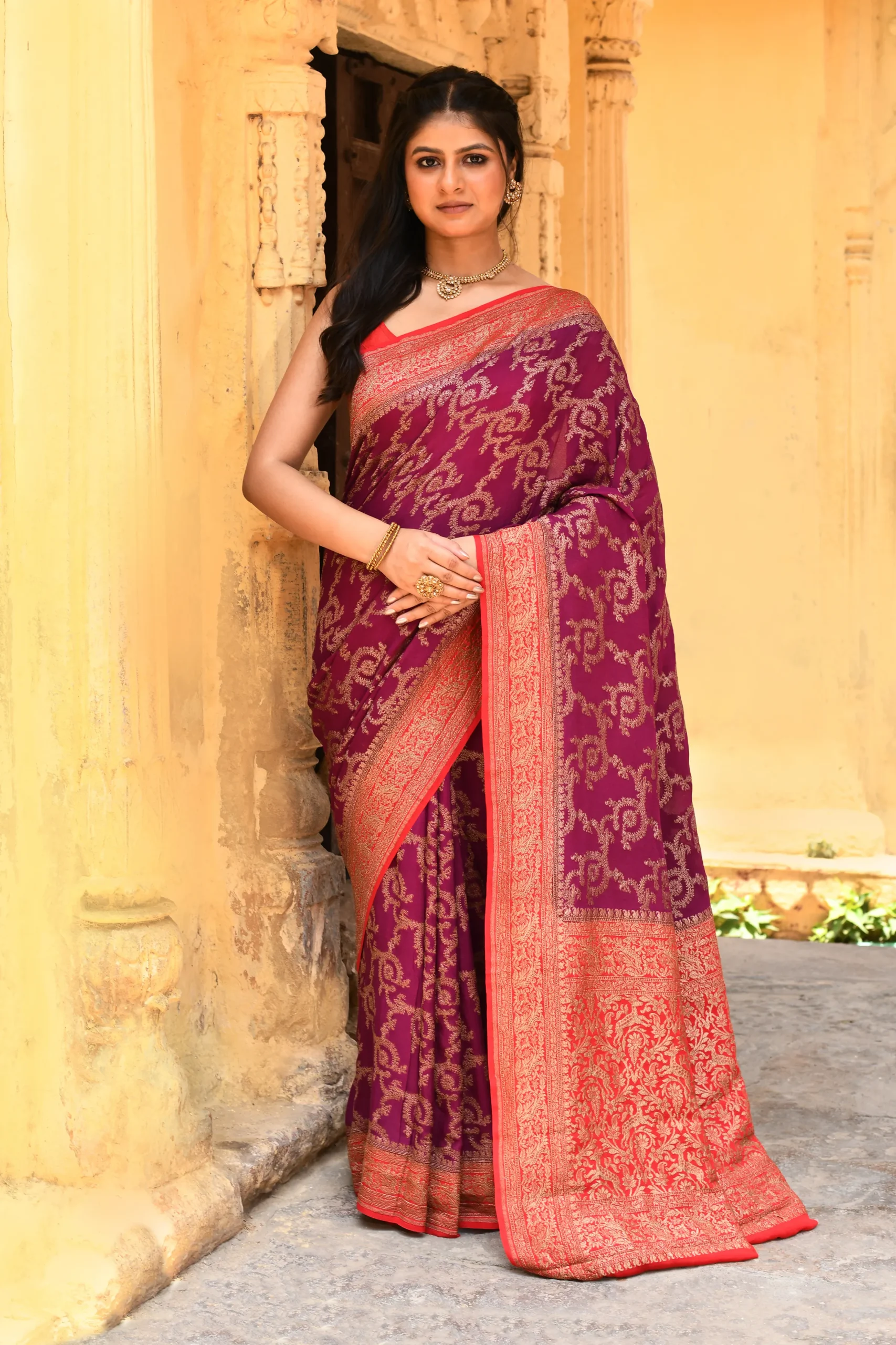 Hot Pink Pure Banarasi Crepe Chiffon Silk Saree with Gold Zari Jaal Buta from Golden Muslin By Naaritva Banaras