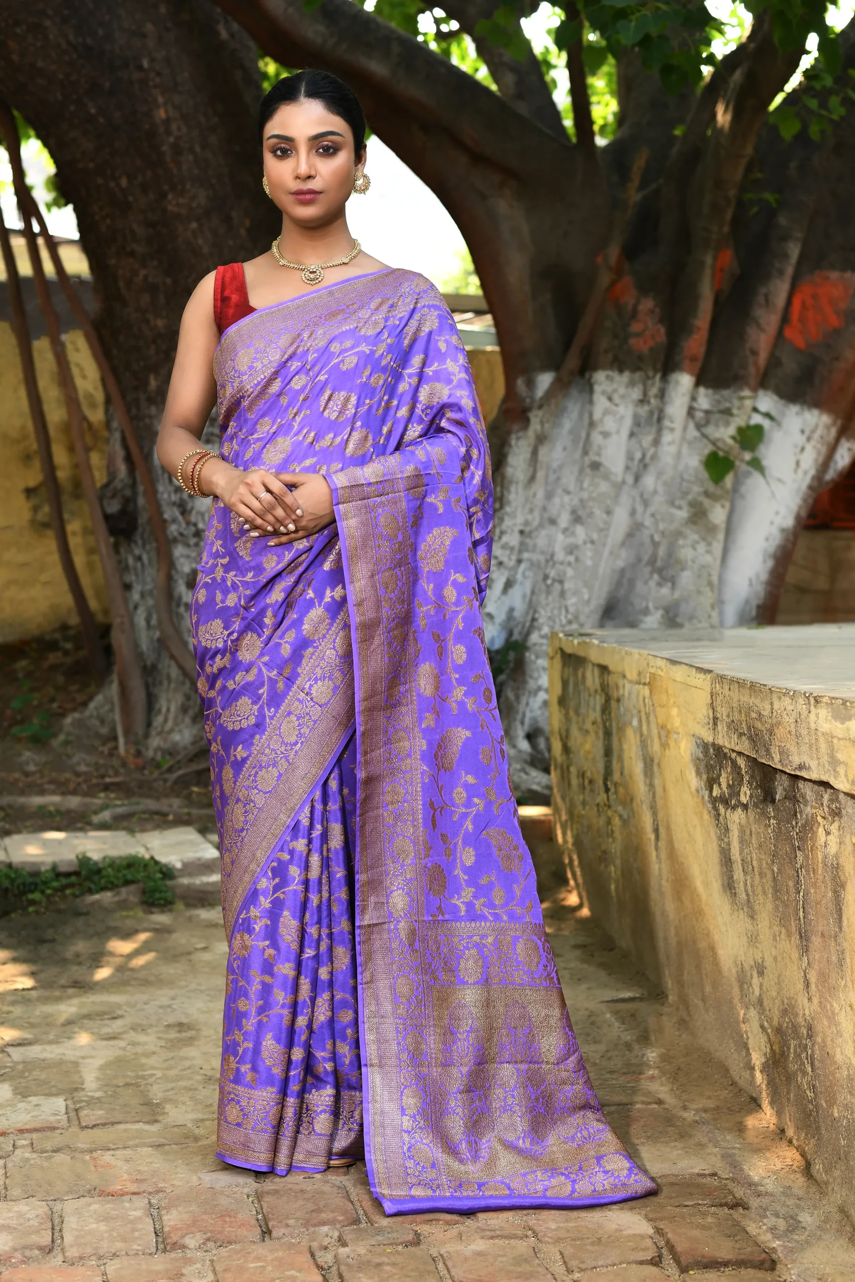 Lilac Banarasi Silk Saree with Antique Gold Zari Floral Jaal from Golden Muslin By Naaritva Banaras