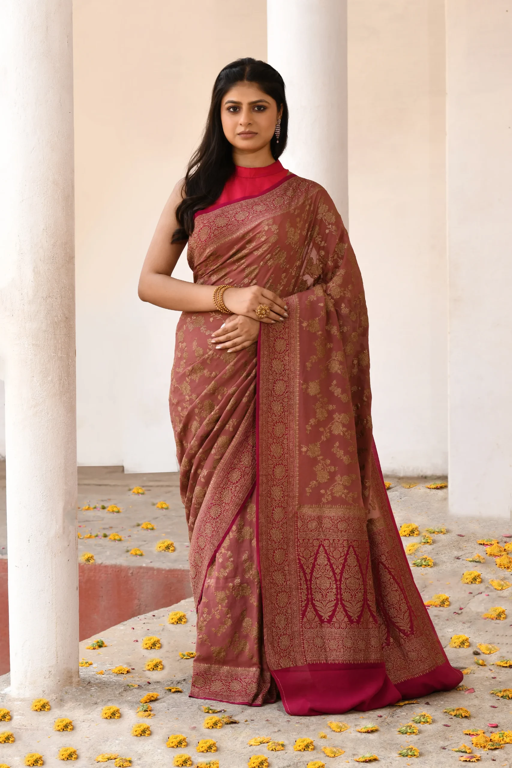 Deep Maroon Banarasi Silk Saree with Antique Gold Zari Floral Jaal from Golden Muslin By Naaritva Banaras