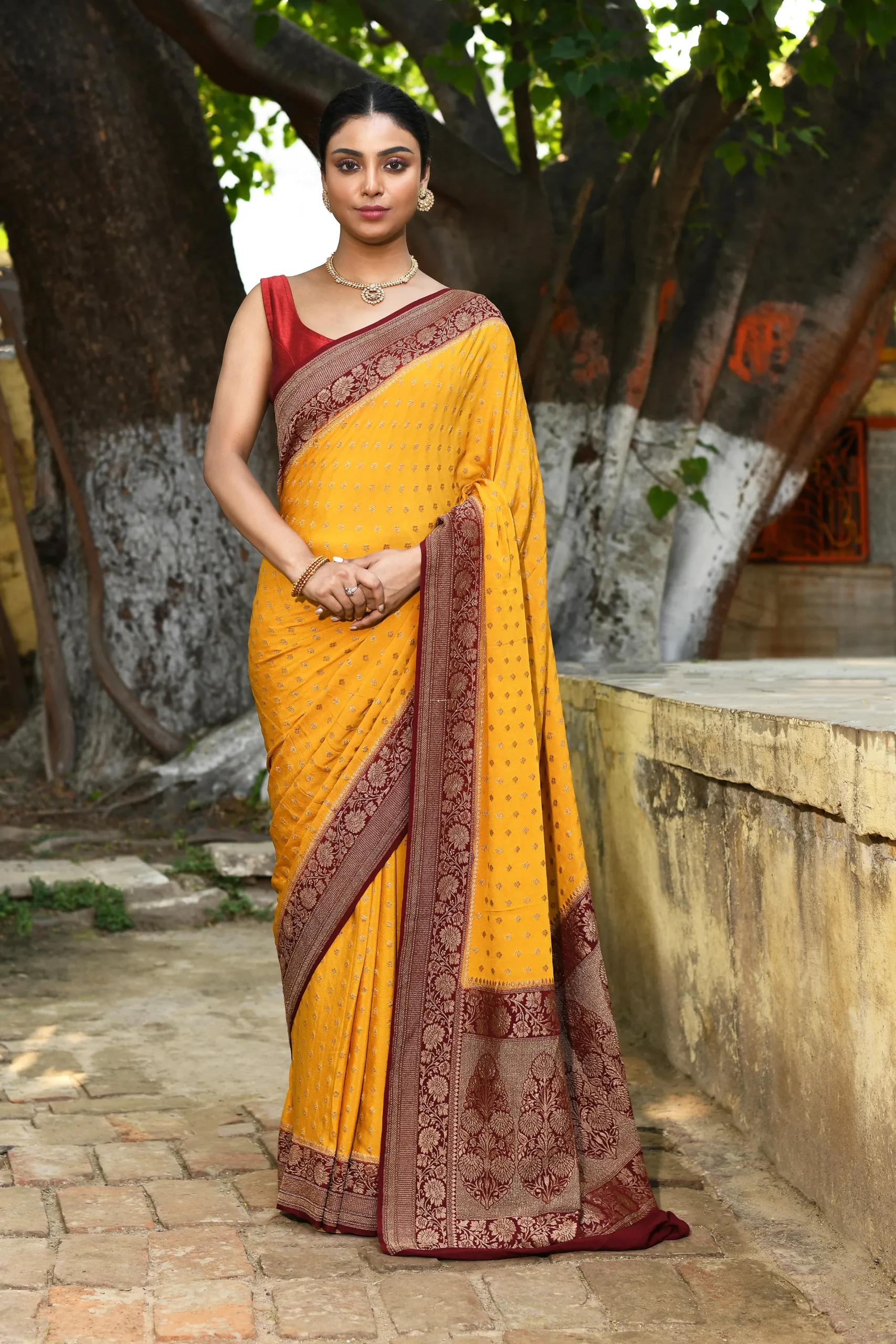 Mustard Yellow Pure Banarasi Crepe Chiffon Silk Saree with Gold Zari from Golden Muslin By Naaritva Banaras