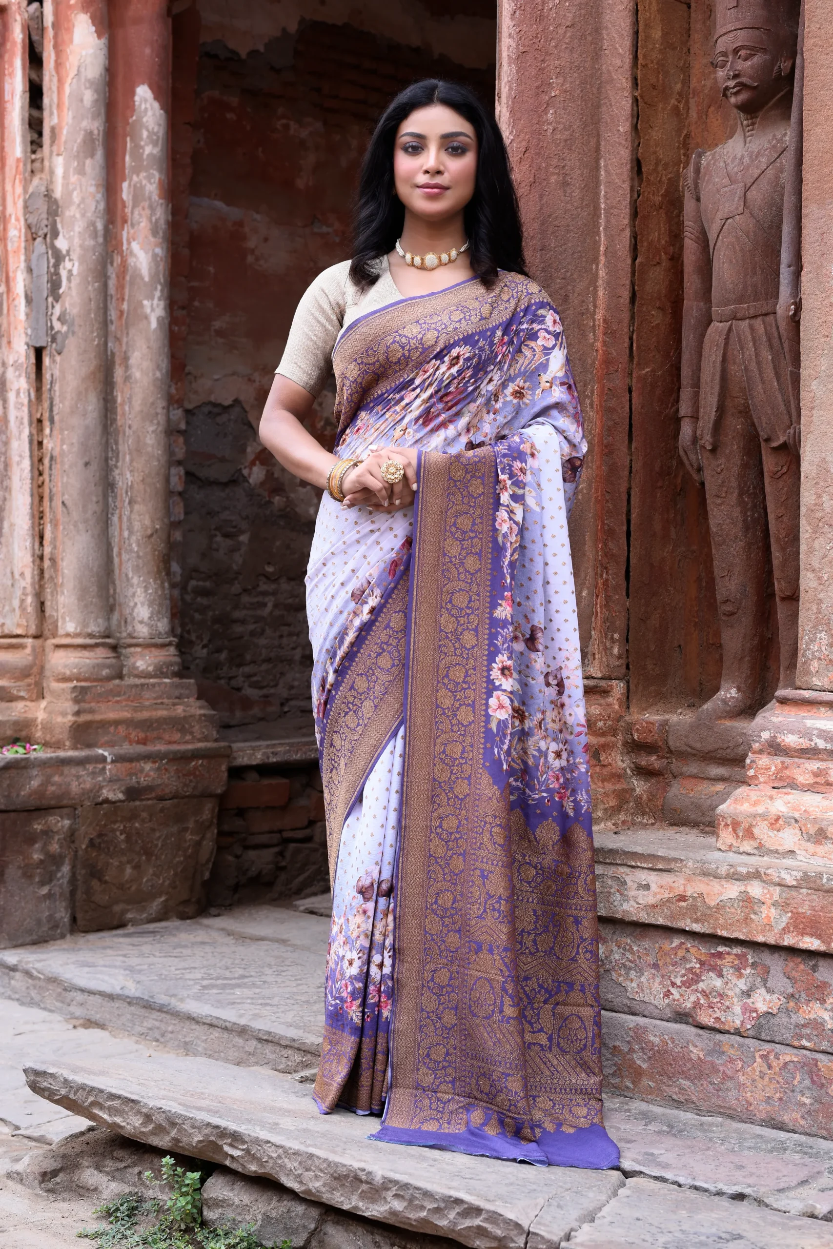 Pastel Lilac Pure Banarasi Crepe Chiffon Silk Saree with Antique Gold Zari from Golden Muslin By Naaritva Banaras