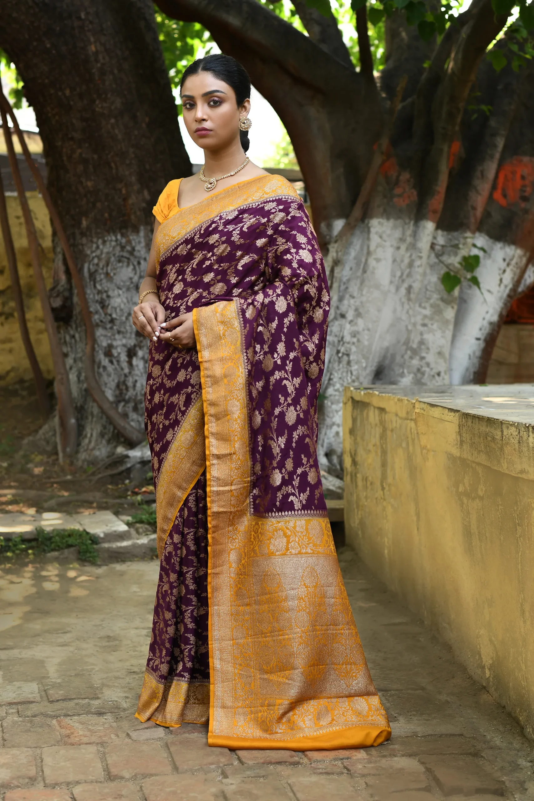 Deep Wine Pure Banarasi Crepe Chiffon Silk Saree with Antique Gold Zari from Golden Muslin By Naaritva Banaras