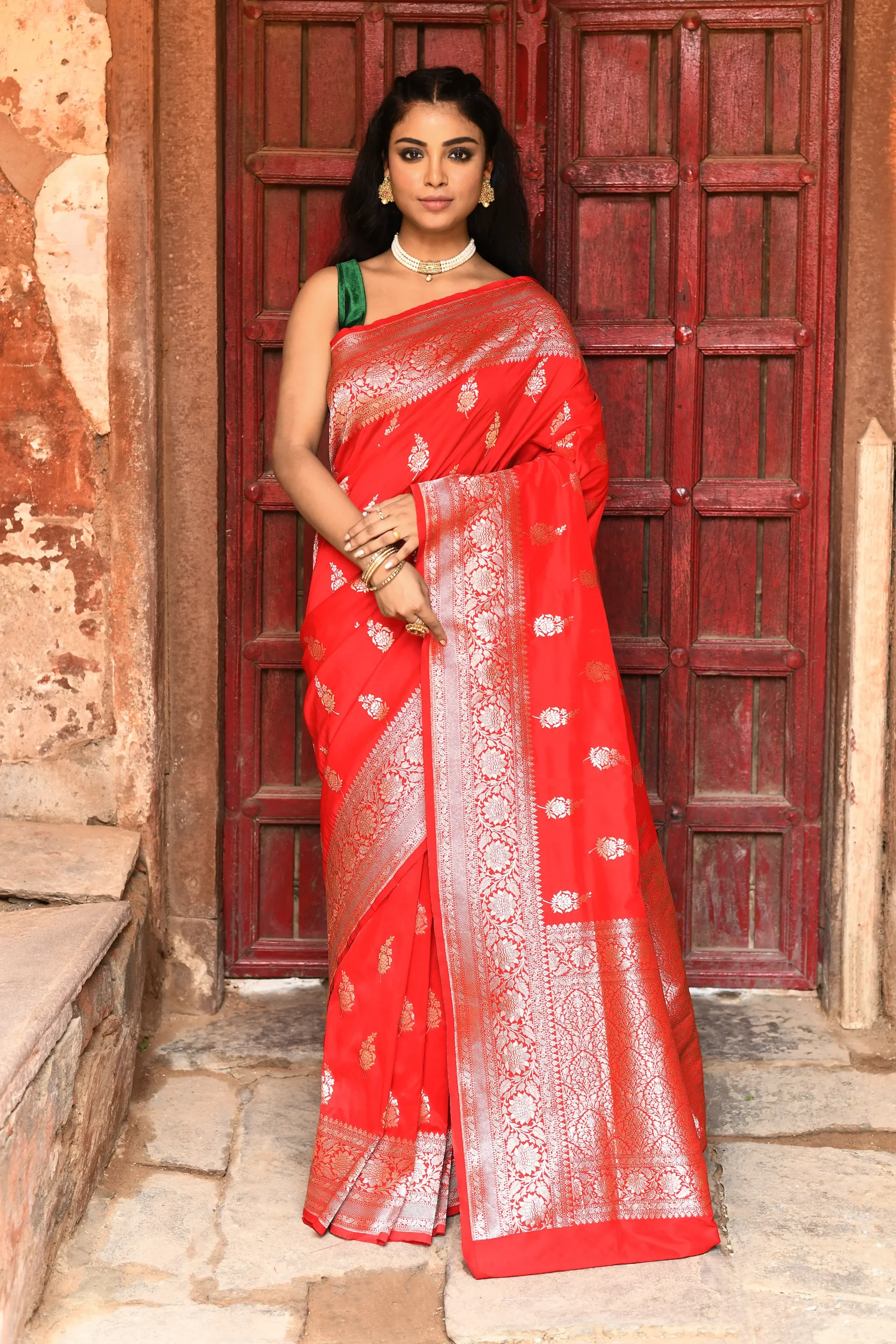 Crimson Red Banarasi Soft Silk Saree with Gold Zari Motifs from Golden Muslin By Naaritva Banaras