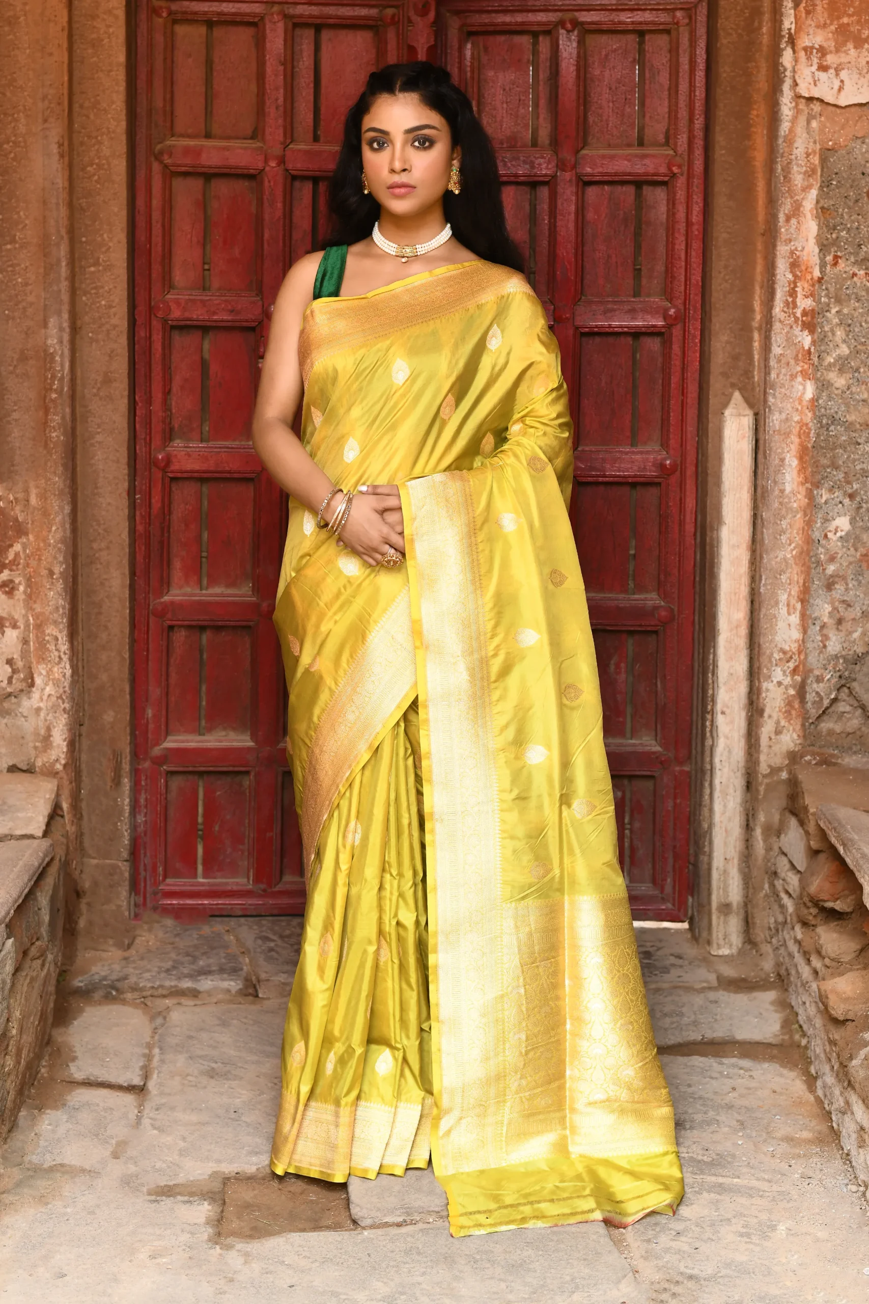 Golden Yellow Pure Katan Silk Banarasi Saree with Zari Border from Golden Muslin By Naaritva Banaras