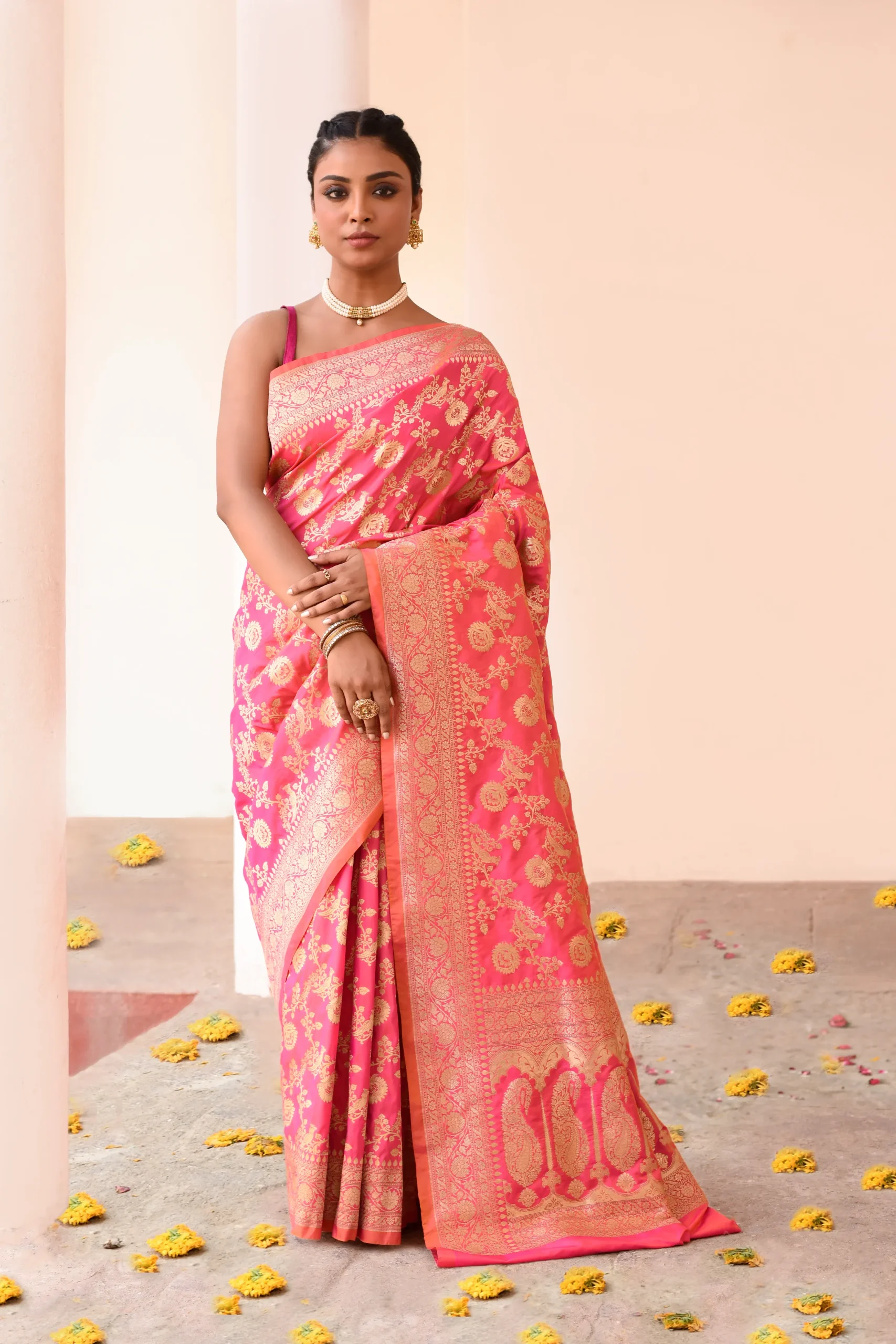 Coral Pink Banarasi Soft Silk Saree with Antique Gold Zari Jaal from Golden Muslin By Naaritva Banaras
