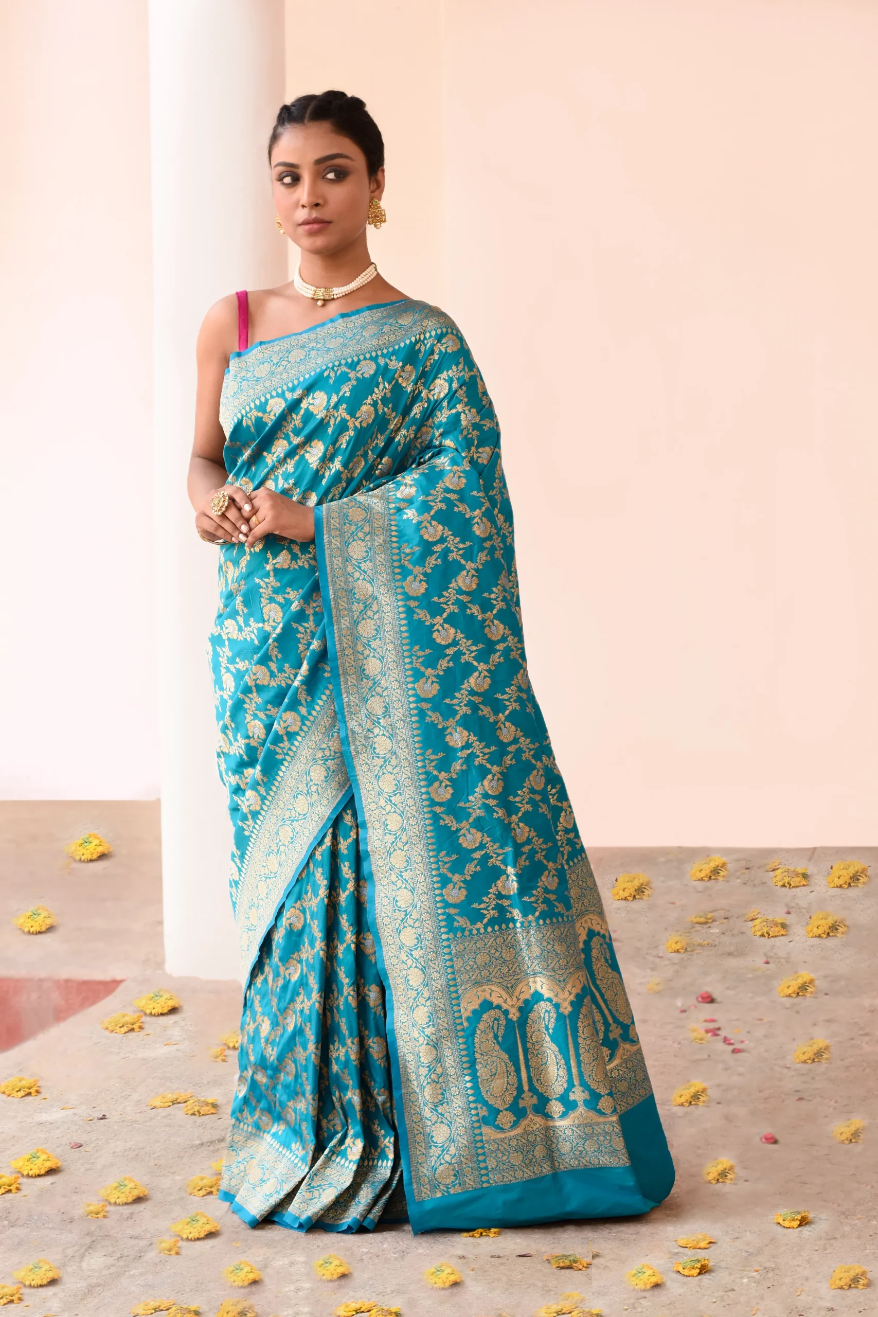 Aqua Banarasi Soft Silk Saree with Silver Zari Jaal from Golden Muslin By Naaritva Banaras