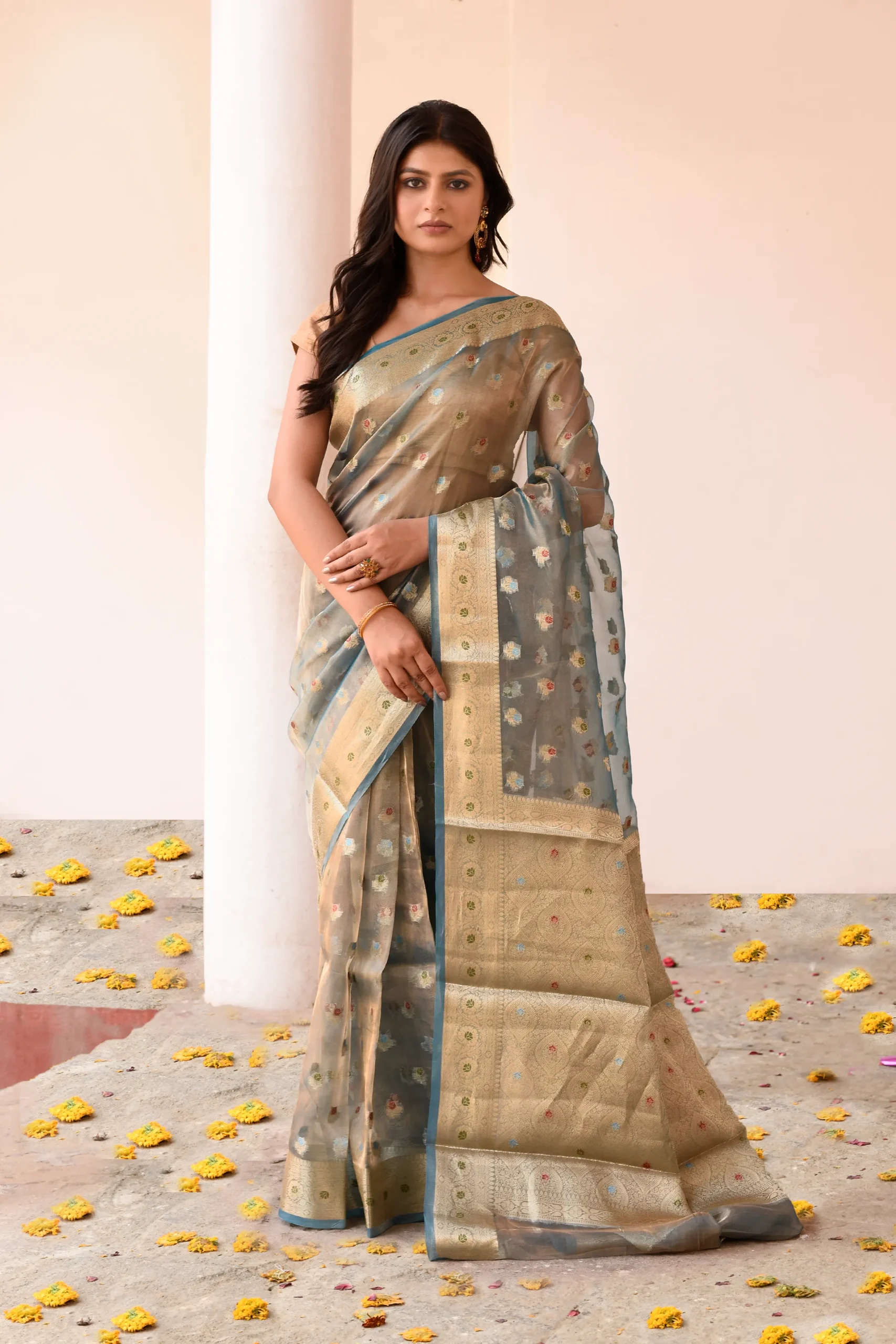 Grey pure tissue Banarasi saree with traditional motifs and antique gold zari border from Golden Muslin By Naaritva Banaras
