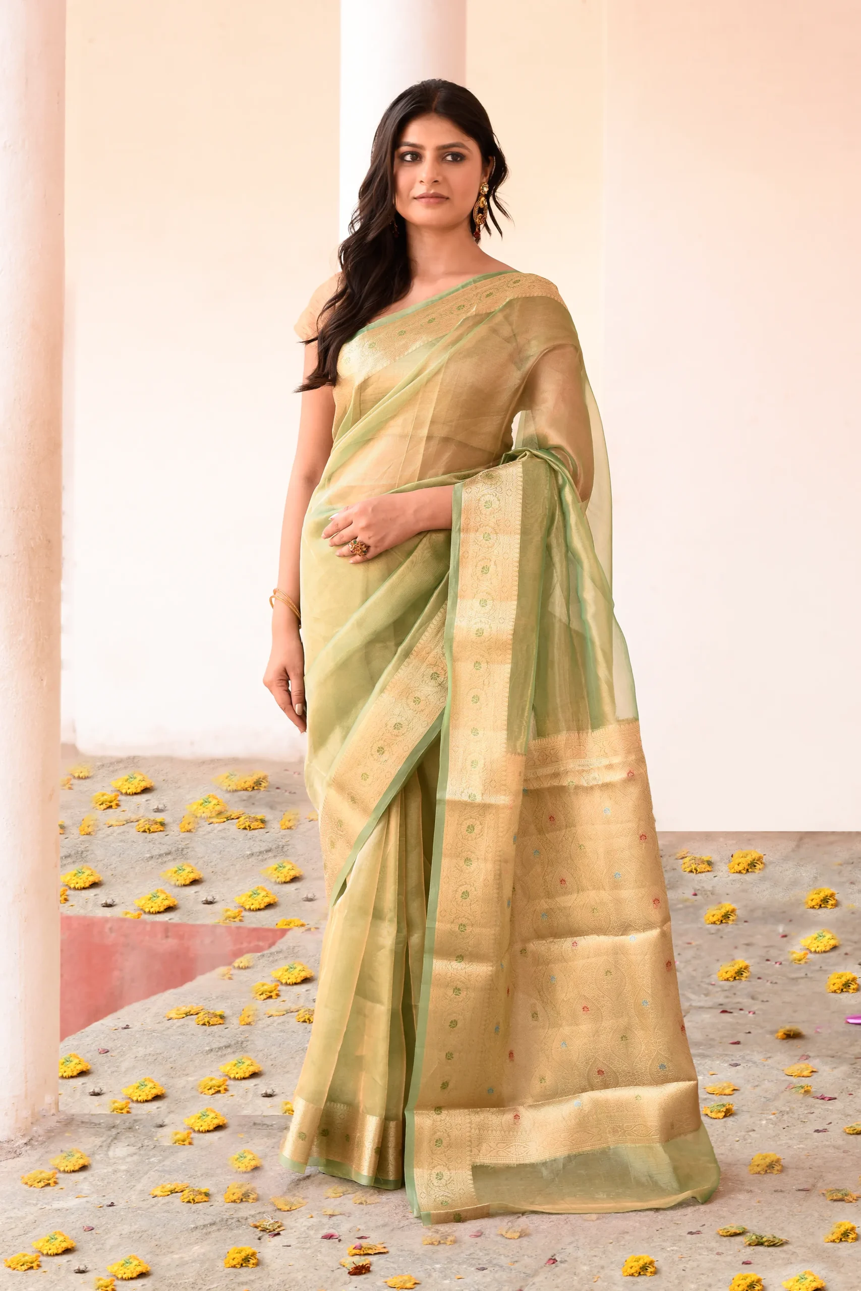 Pistachio Green Banarasi Silk Saree with Antique Gold Zari from Golden Muslin By Naaritva Banaras