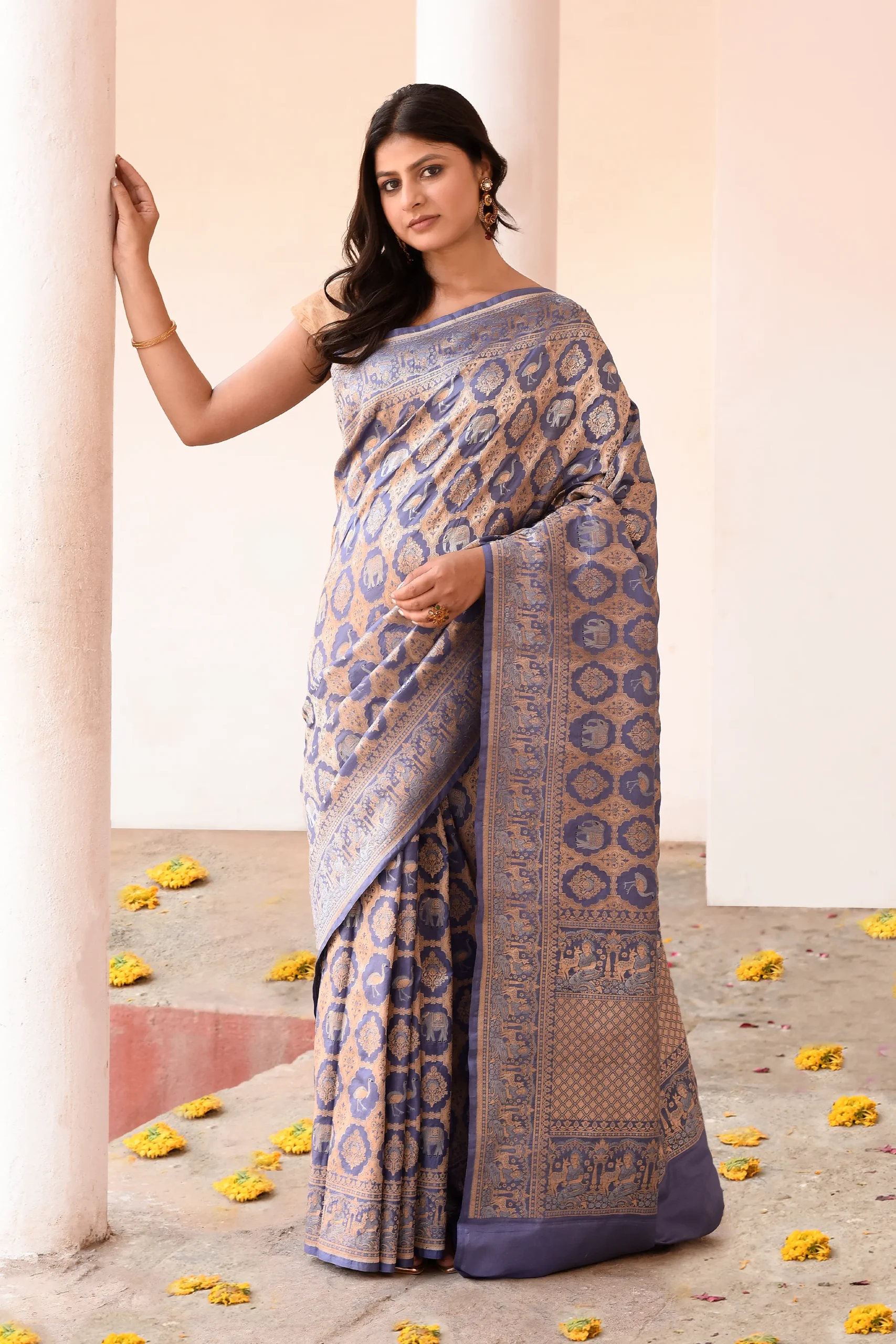 Lavender Banarasi Silk Saree with Antique Zari Motifs from Golden Muslin By Naaritva Banaras