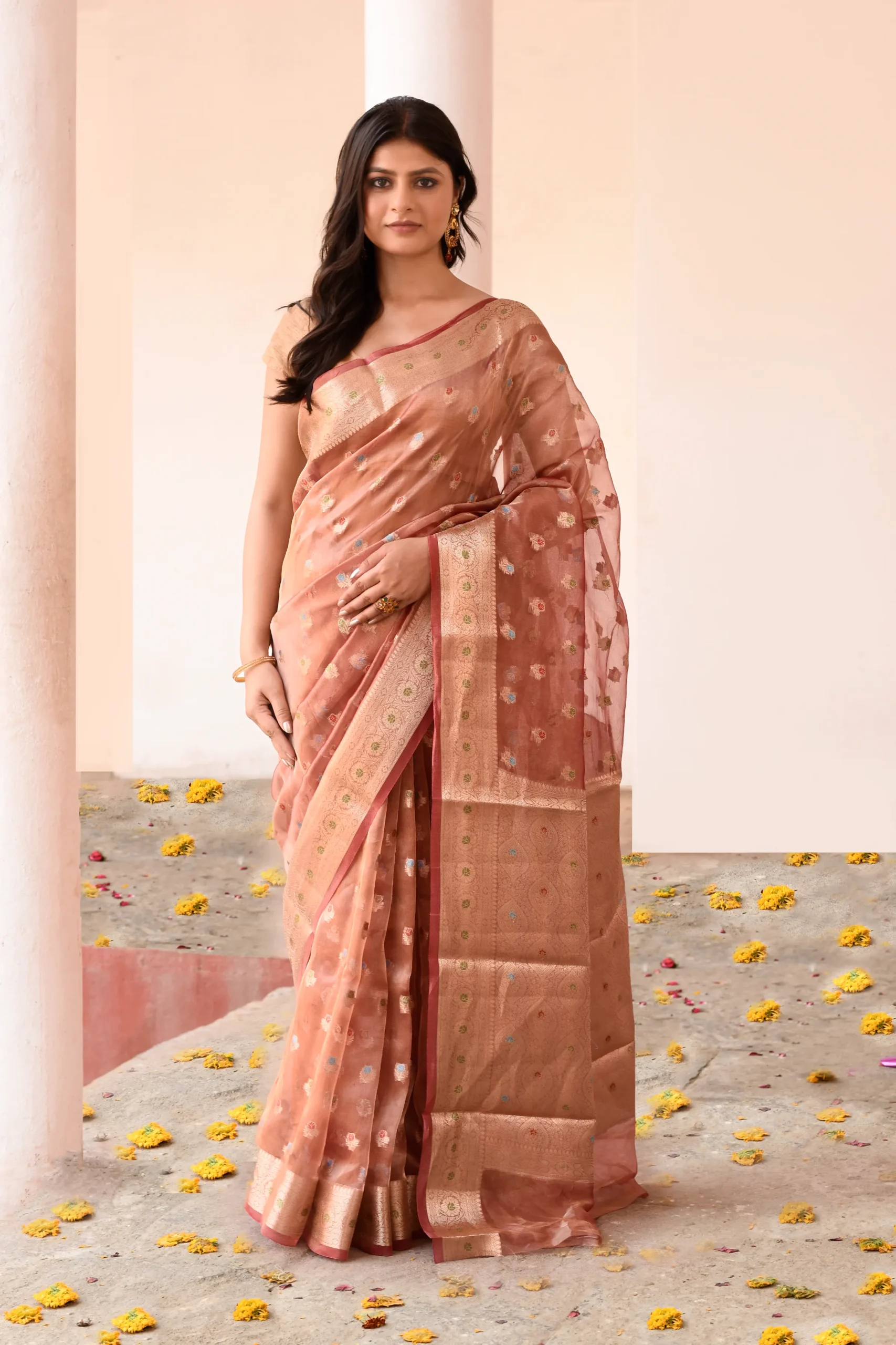 Rose Copper Banarasi Silk Saree with Antique Gold Zari Butti from Golden Muslin By Naaritva Banaras
