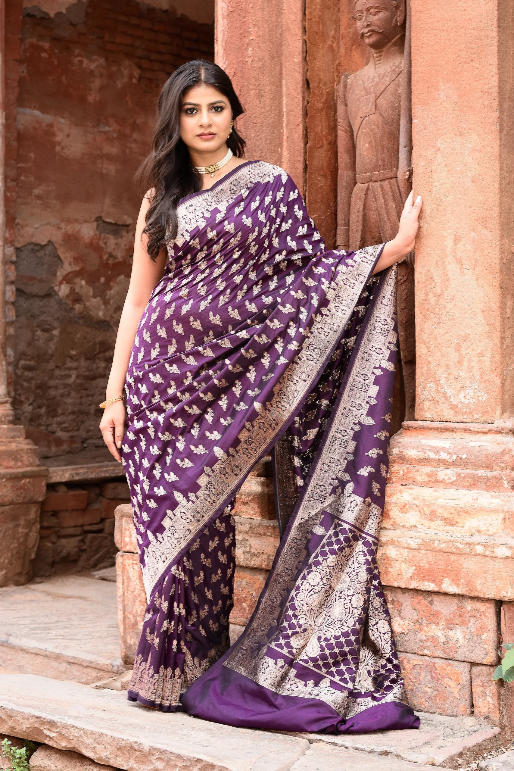 Deep Purple Banarasi Silk Saree with Antique Silver Zari from Golden Muslin By Naaritva Banaras