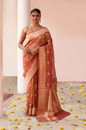 Rose Gold Pure Banarasi Tissue Silk Saree with Gold Zari Buta from Golden Muslin By Naaritva Banaras