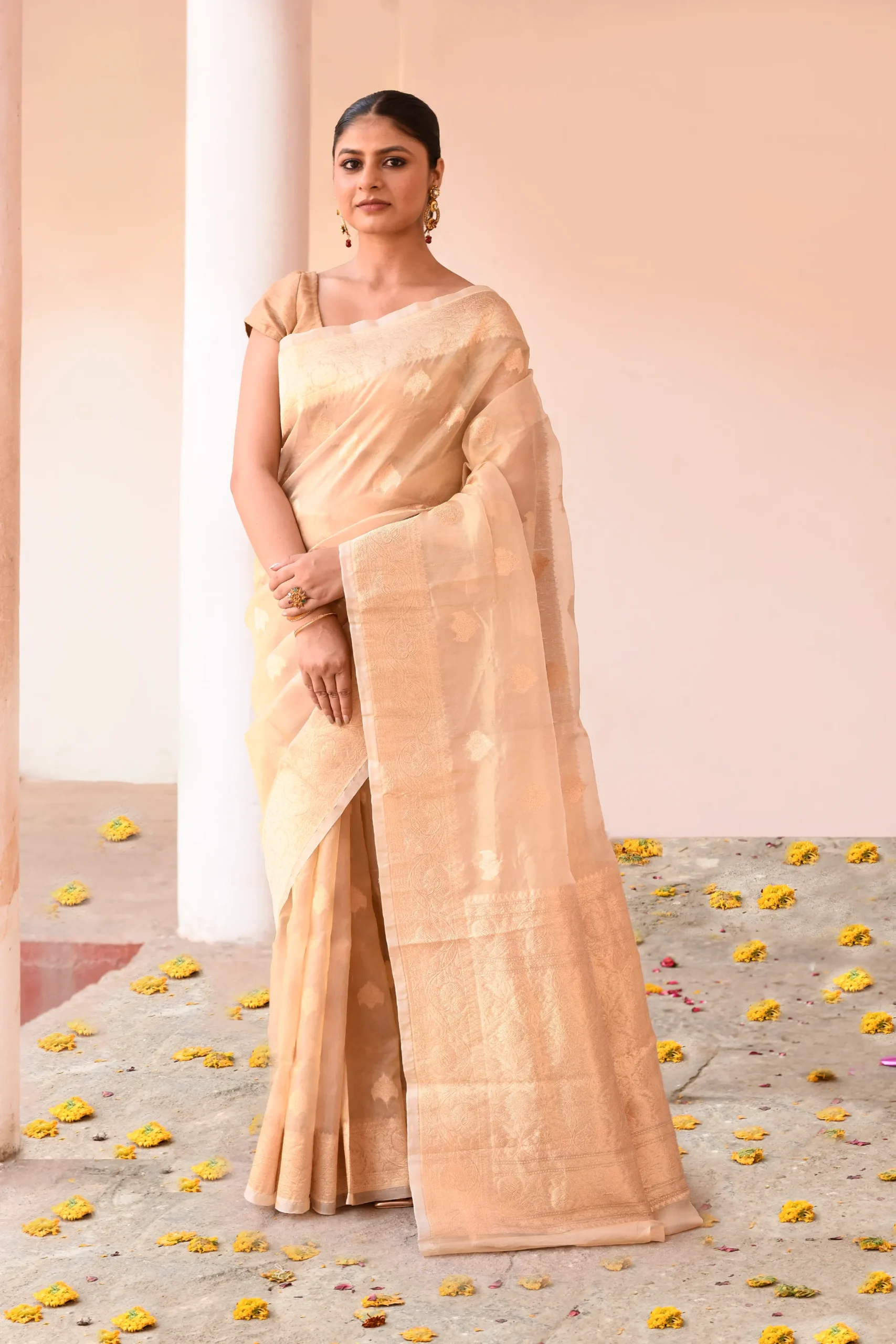 Champagne Beige Pure Banarasi Kora Tissue Silk Saree with Gold Zari from Golden Muslin By Naaritva Banaras