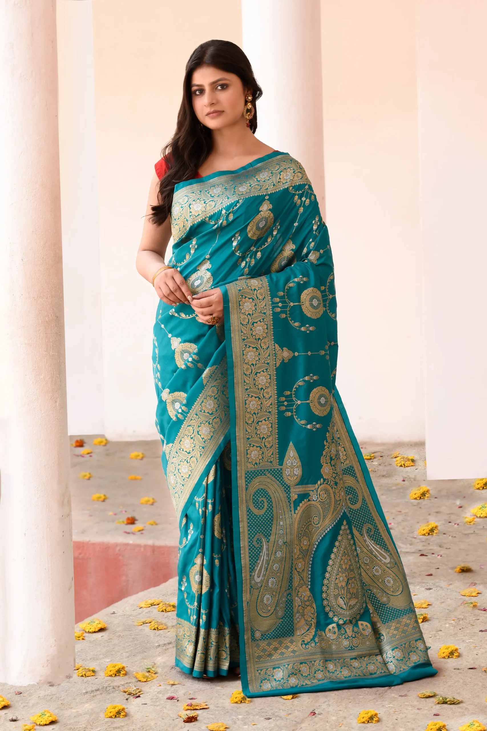 Teal Banarasi Soft Silk Saree with Gold Silver Zari Jaal from Golden Muslin By Naaritva Banaras