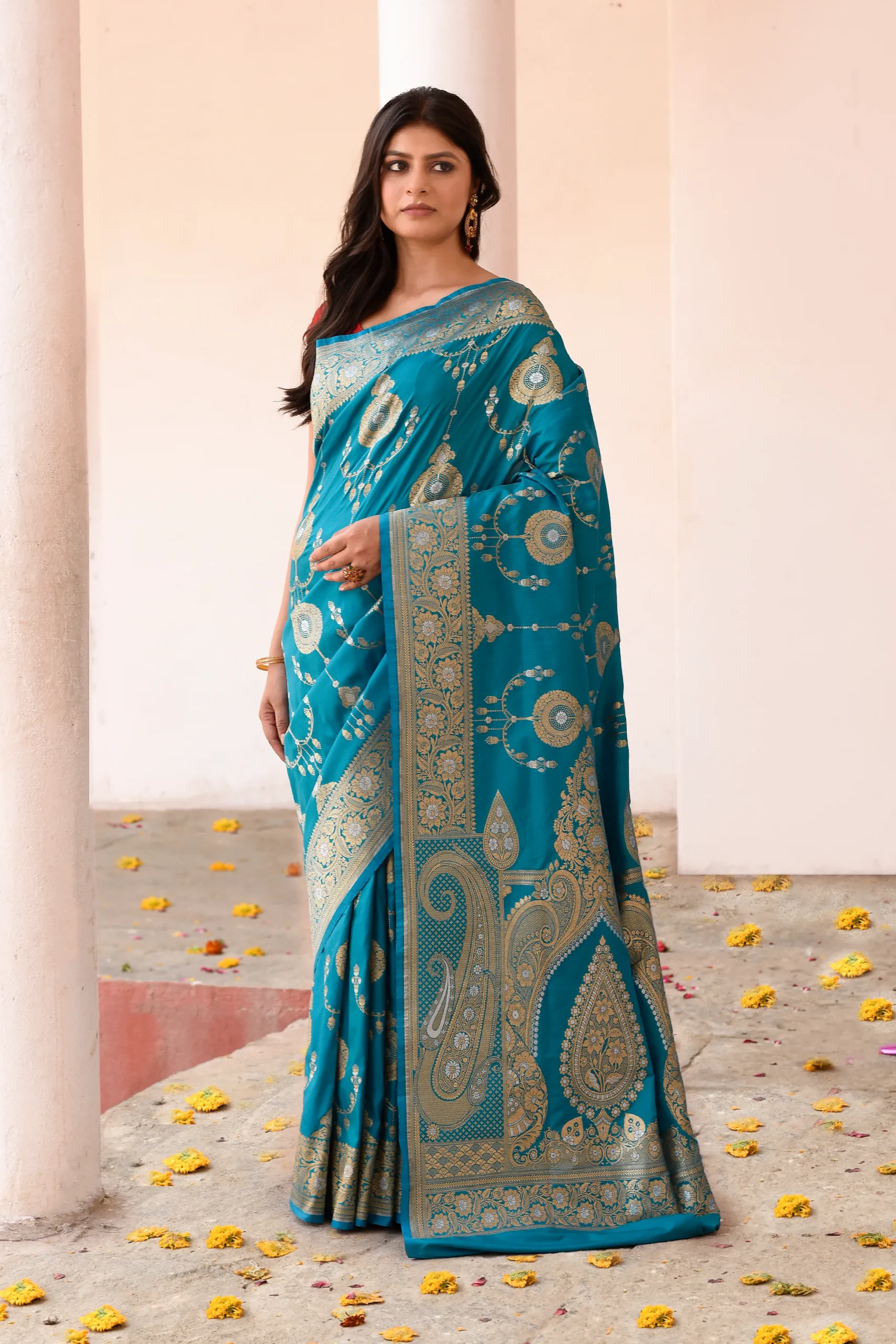 Teal Blue Banarasi Soft Silk Saree with Gold Silver Zari Jaal from Golden Muslin By Naaritva Banaras