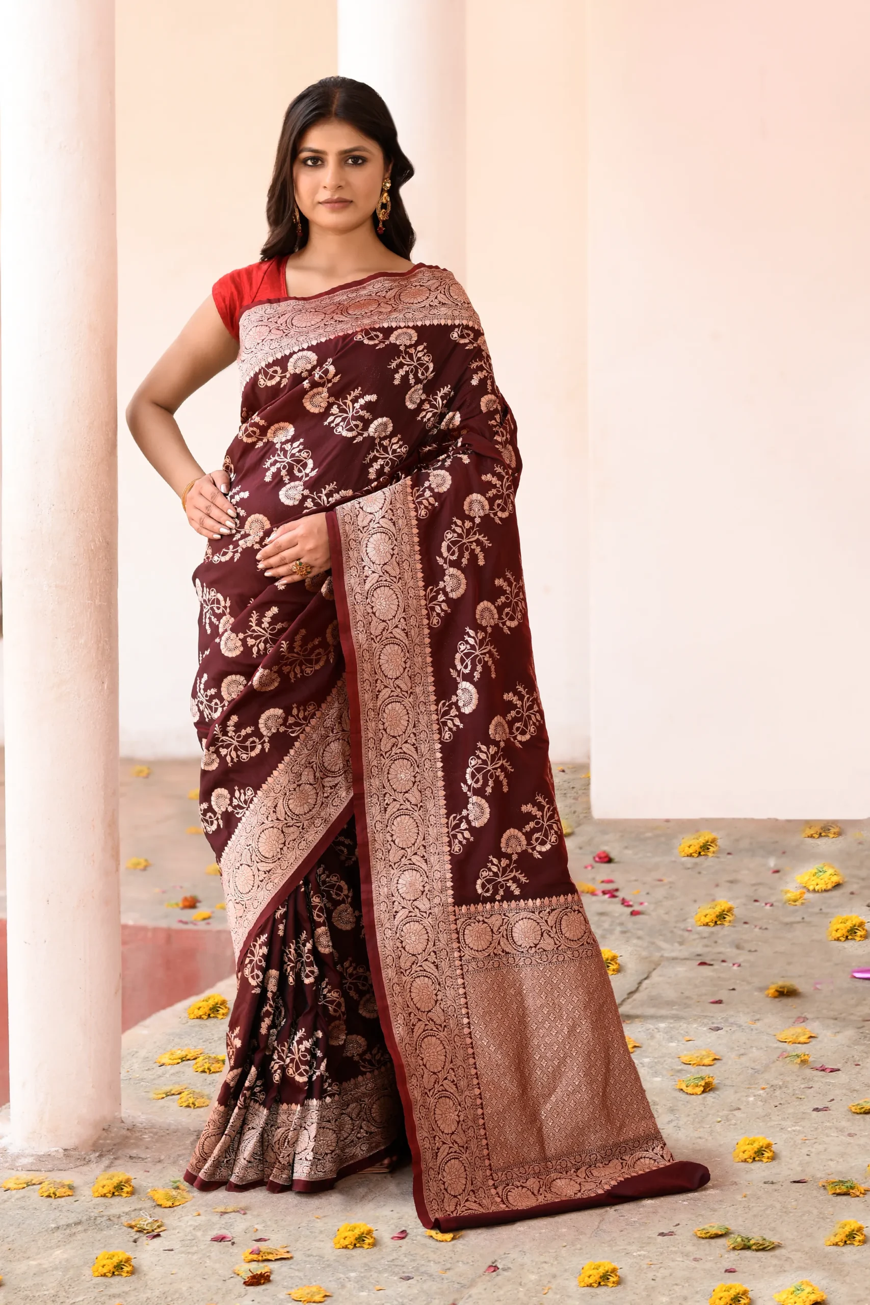 Coco Brown Banarasi Soft Silk Saree with Antique Gold Zari from Golden Muslin By Naaritva Banaras