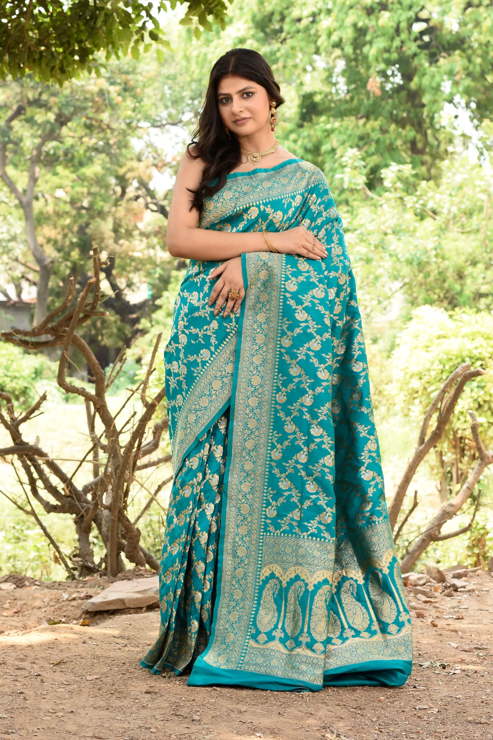 Turquoise Green Banarasi Soft Silk Saree with Antique Gold Zari from Golden Muslin By Naaritva Banaras