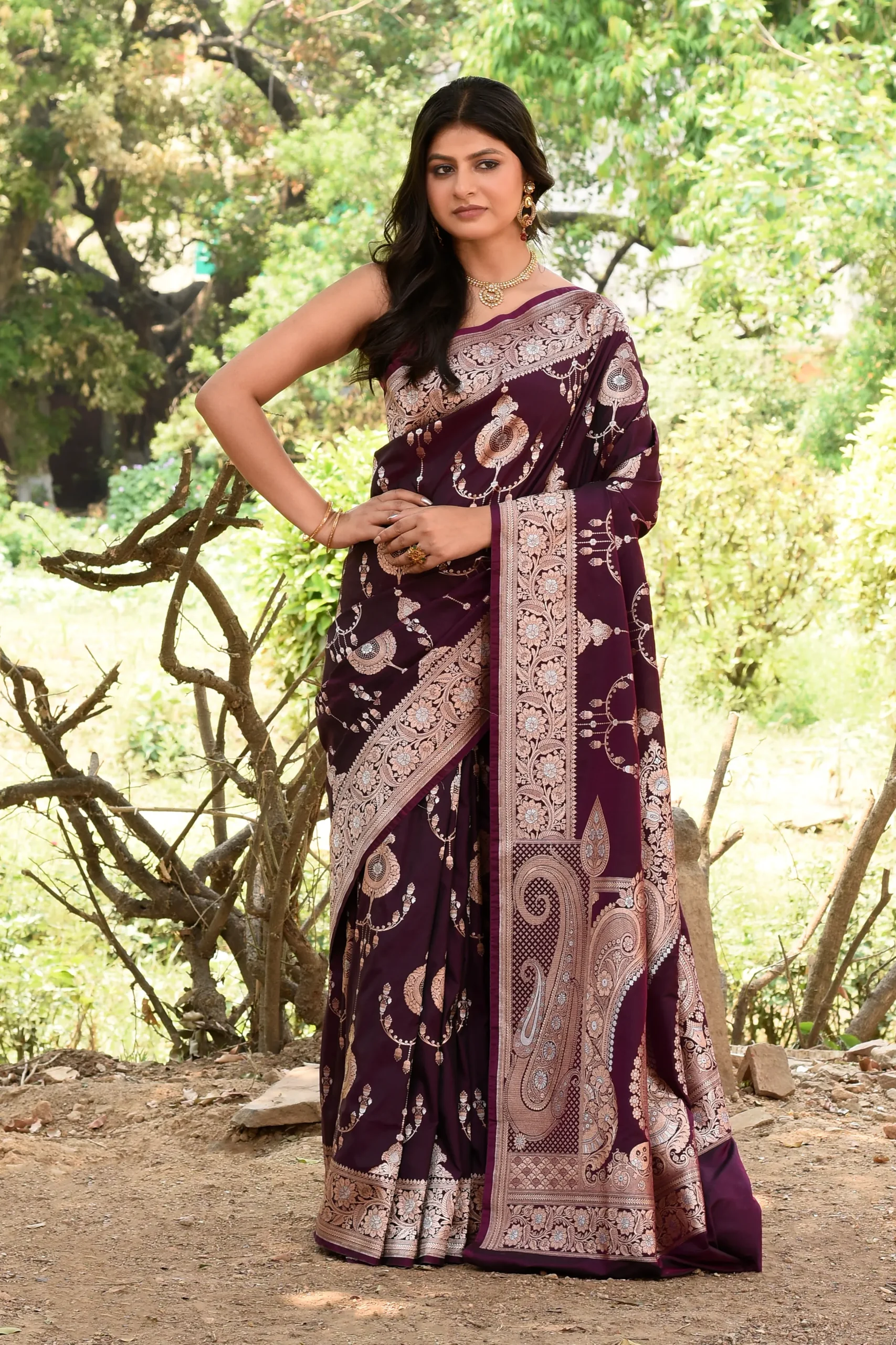 Wine Purple Banarasi Soft Silk Saree with Antique Gold Zari from Golden Muslin By Naaritva Banaras