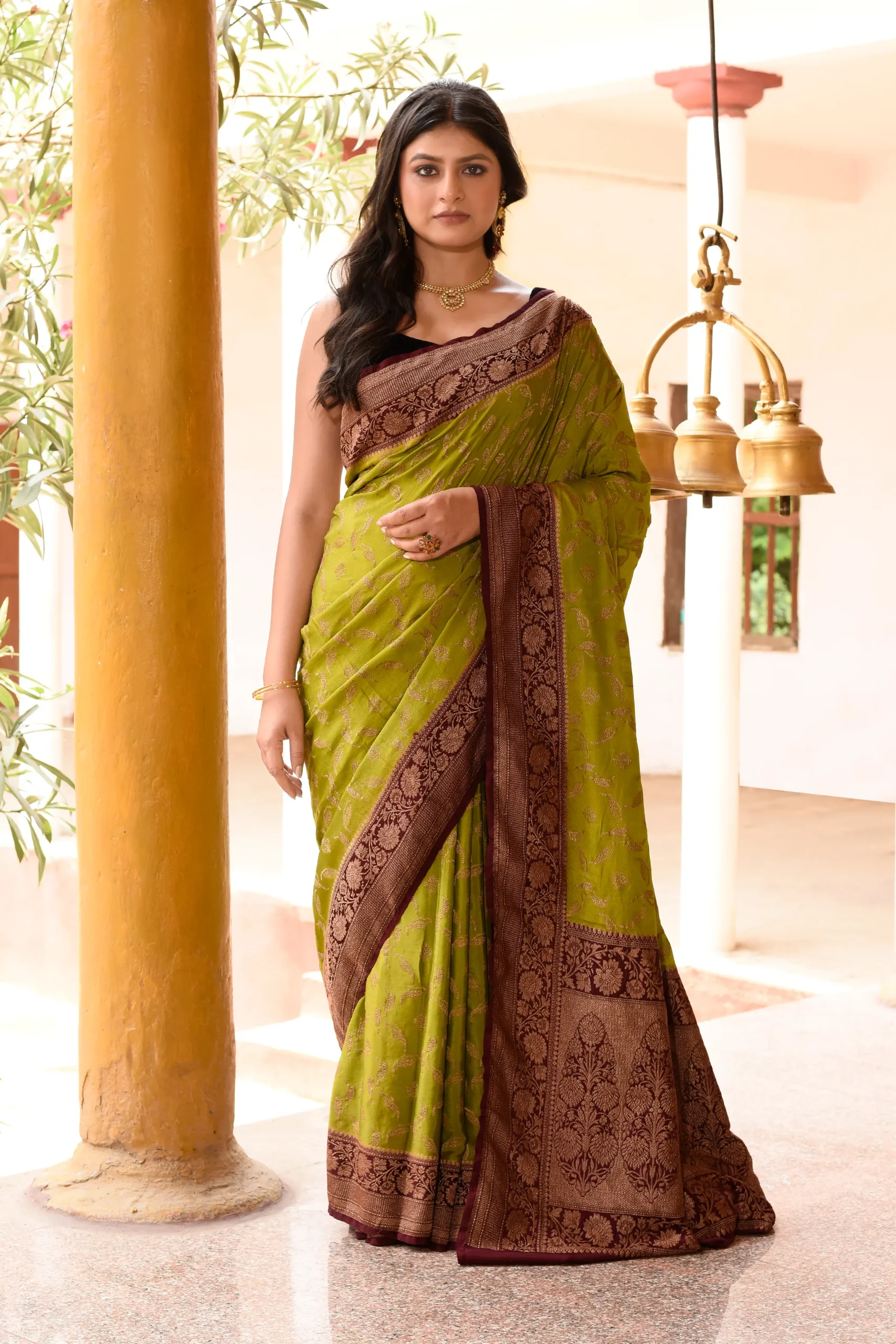 Grass Green Pure Banarasi Crepe Chiffon Silk Saree with Gold Zari Jaal from Golden Muslin By Naaritva Banaras