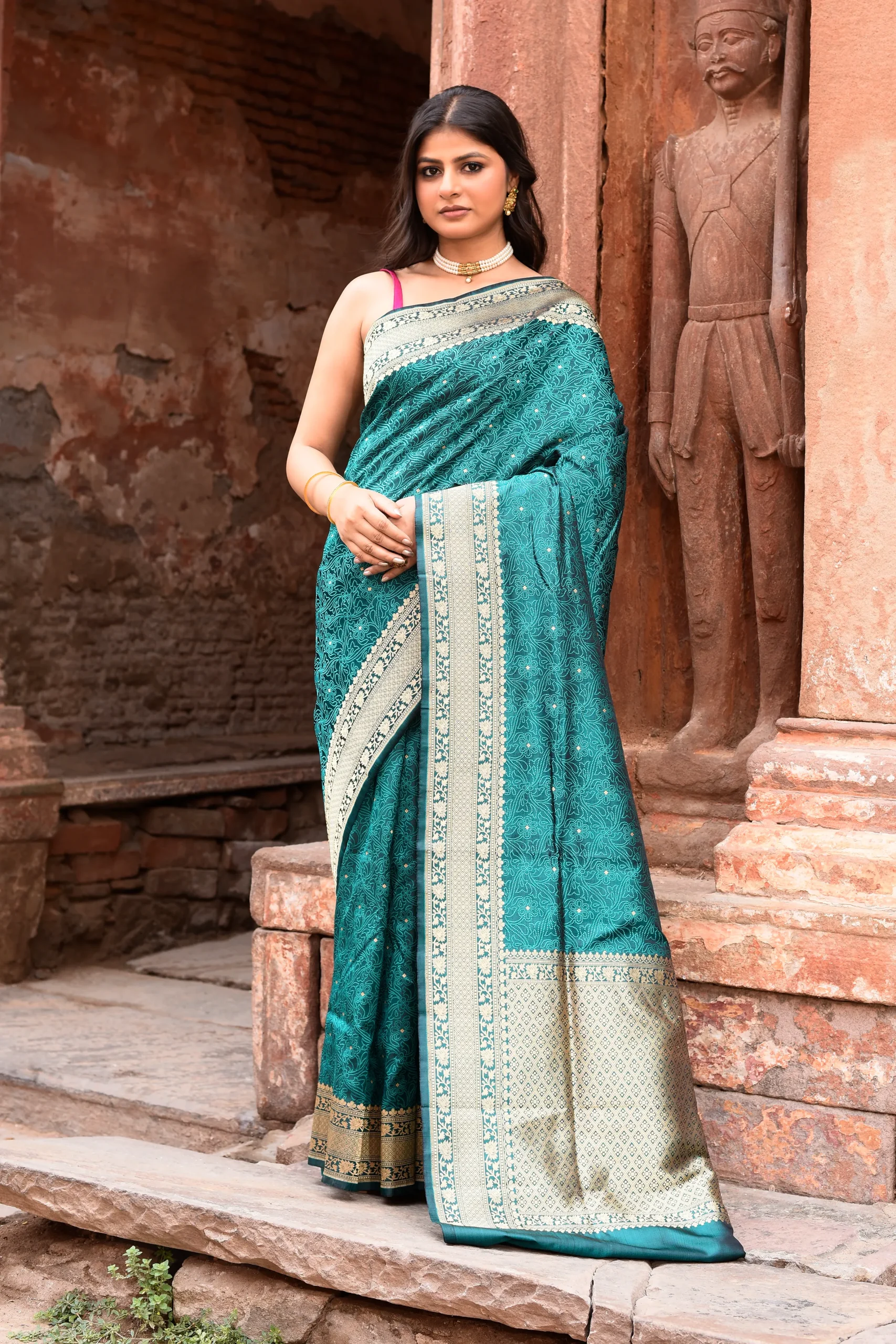 Deep Teal Green Pure Banarasi Katan Silk Saree with Antique Gold Zari Jaal from Golden Muslin By Naaritva Banaras