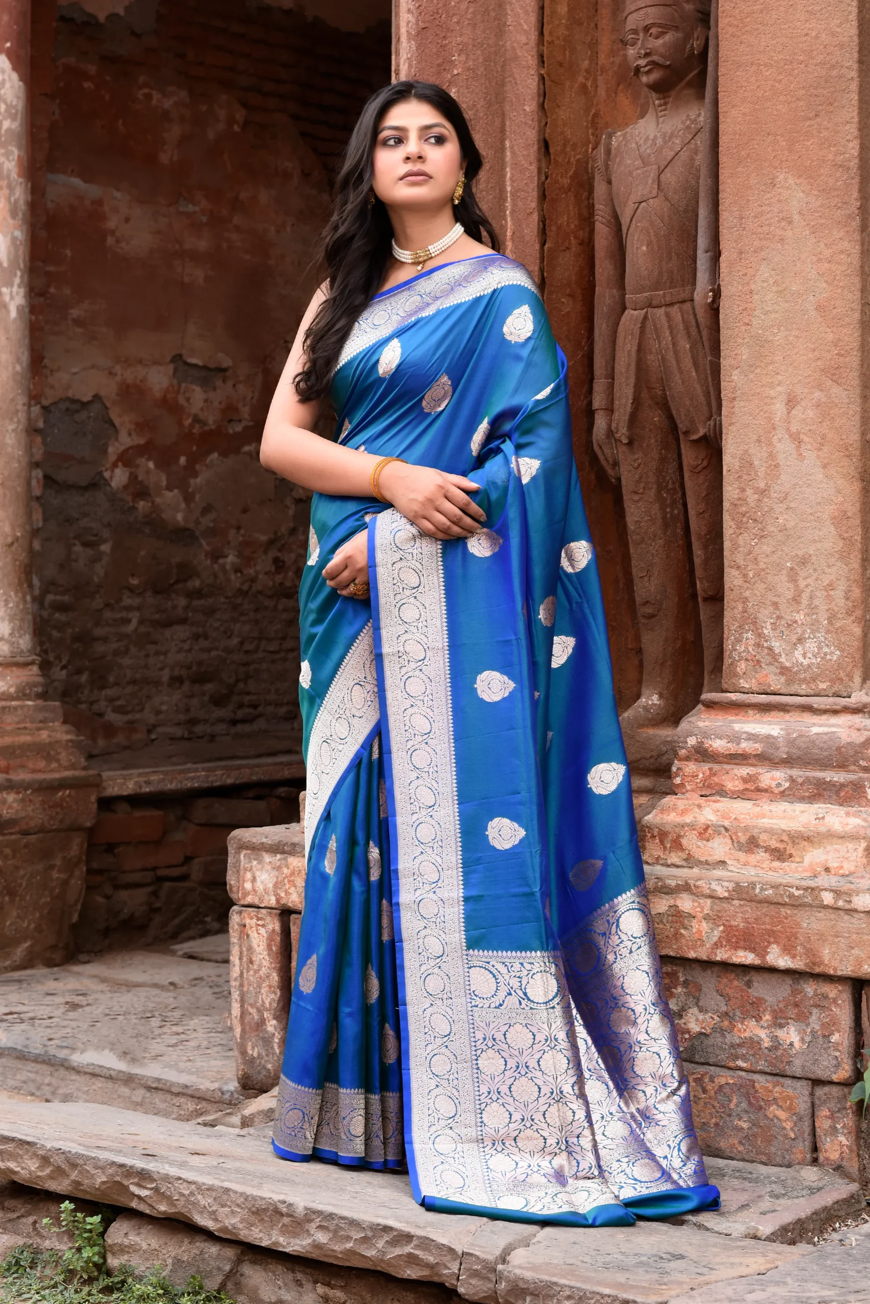 Cobalt Blue Pure Banarasi Katan Silk Saree with Silver Zari Butti from Golden Muslin By Naaritva Banaras