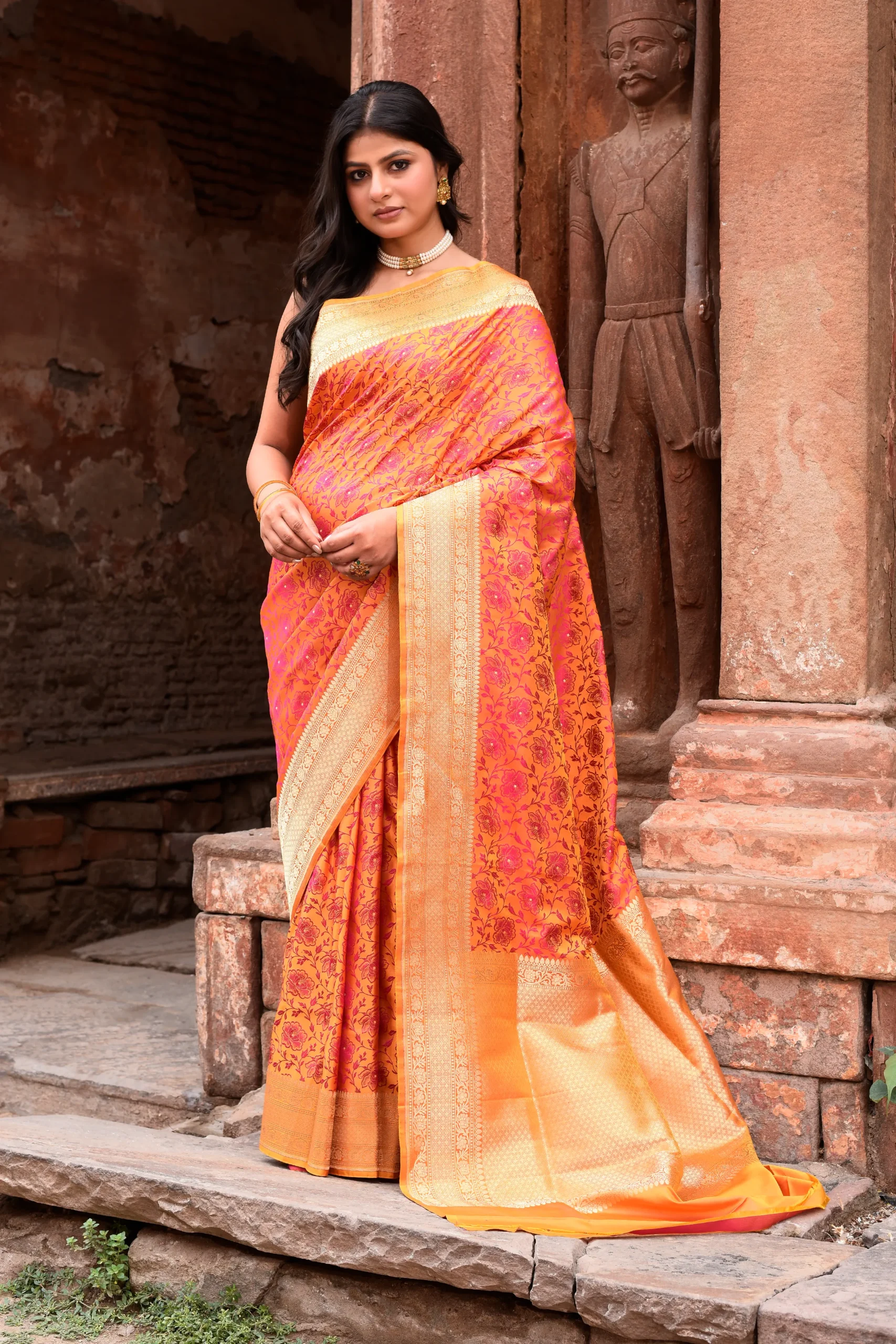 Tangerine Orange Pure Banarasi Katan Silk Saree with Antique Gold Zari Jaal from Golden Muslin By Naaritva Banaras
