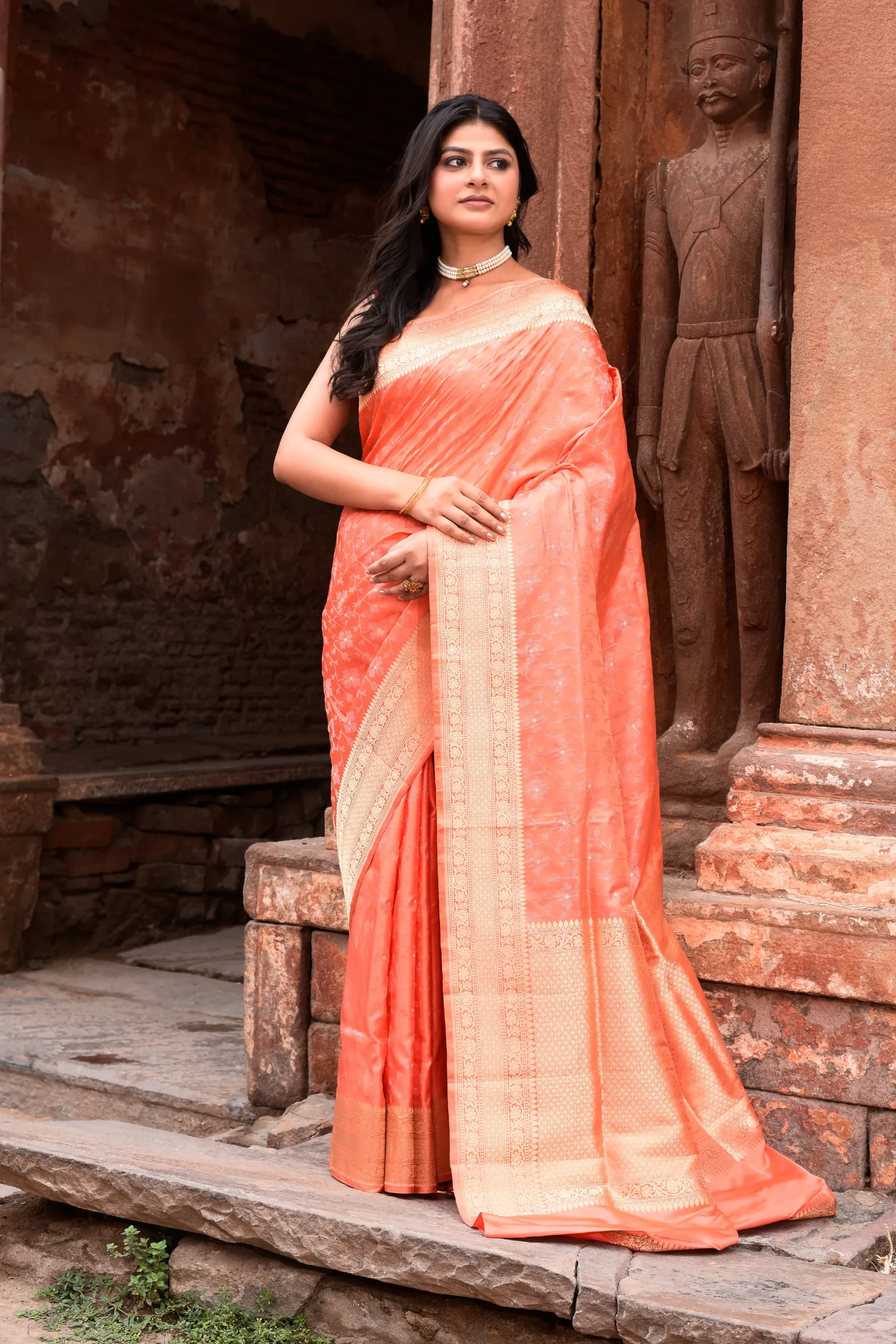Soft Peach Pure Banarasi Katan Silk Saree with Antique Gold Zari Jaal from Golden Muslin By Naaritva Banaras