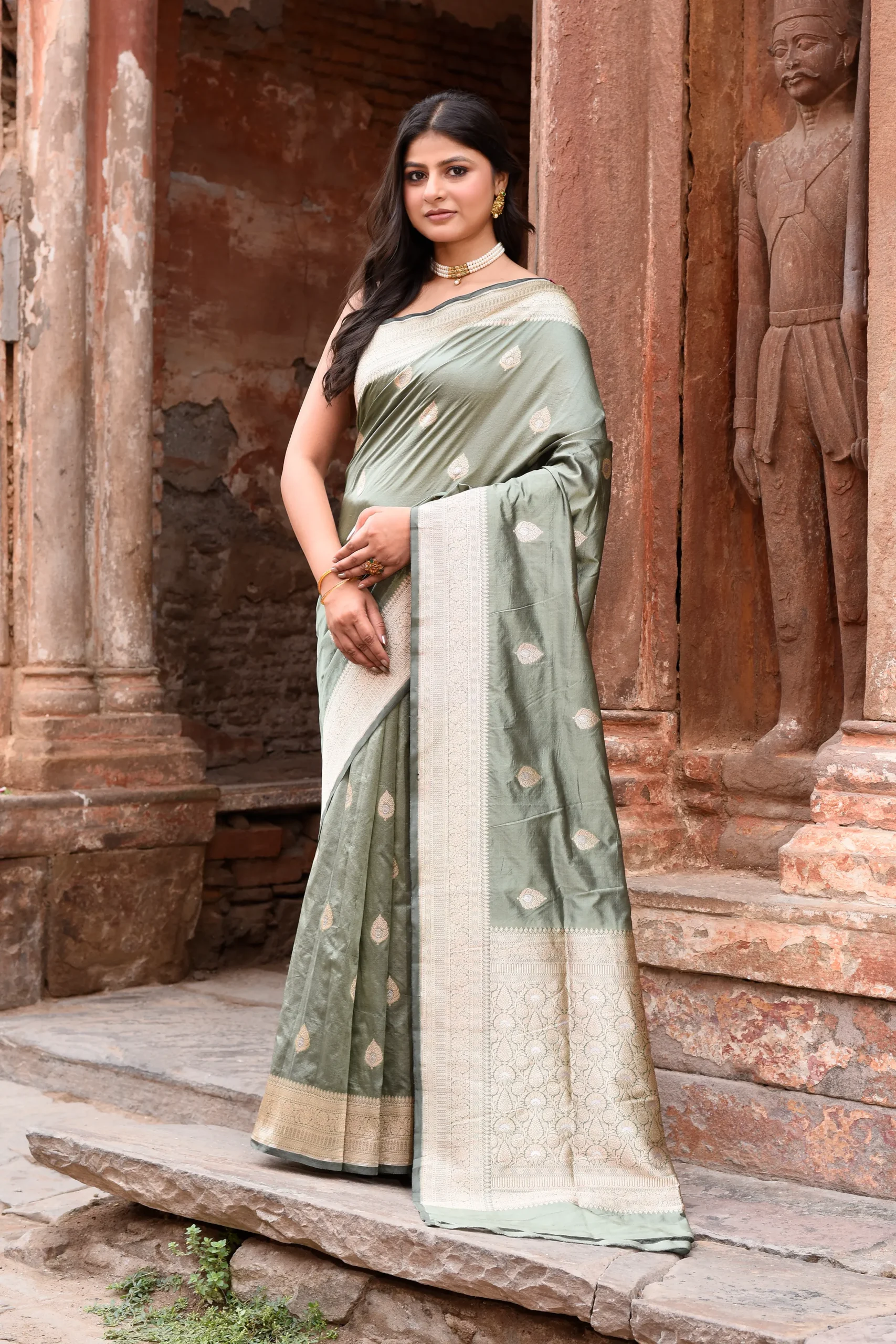 Dusky Olive Pure Banarasi Katan Silk Saree with Antique Gold Zari Butti from Golden Muslin By Naaritva Banaras