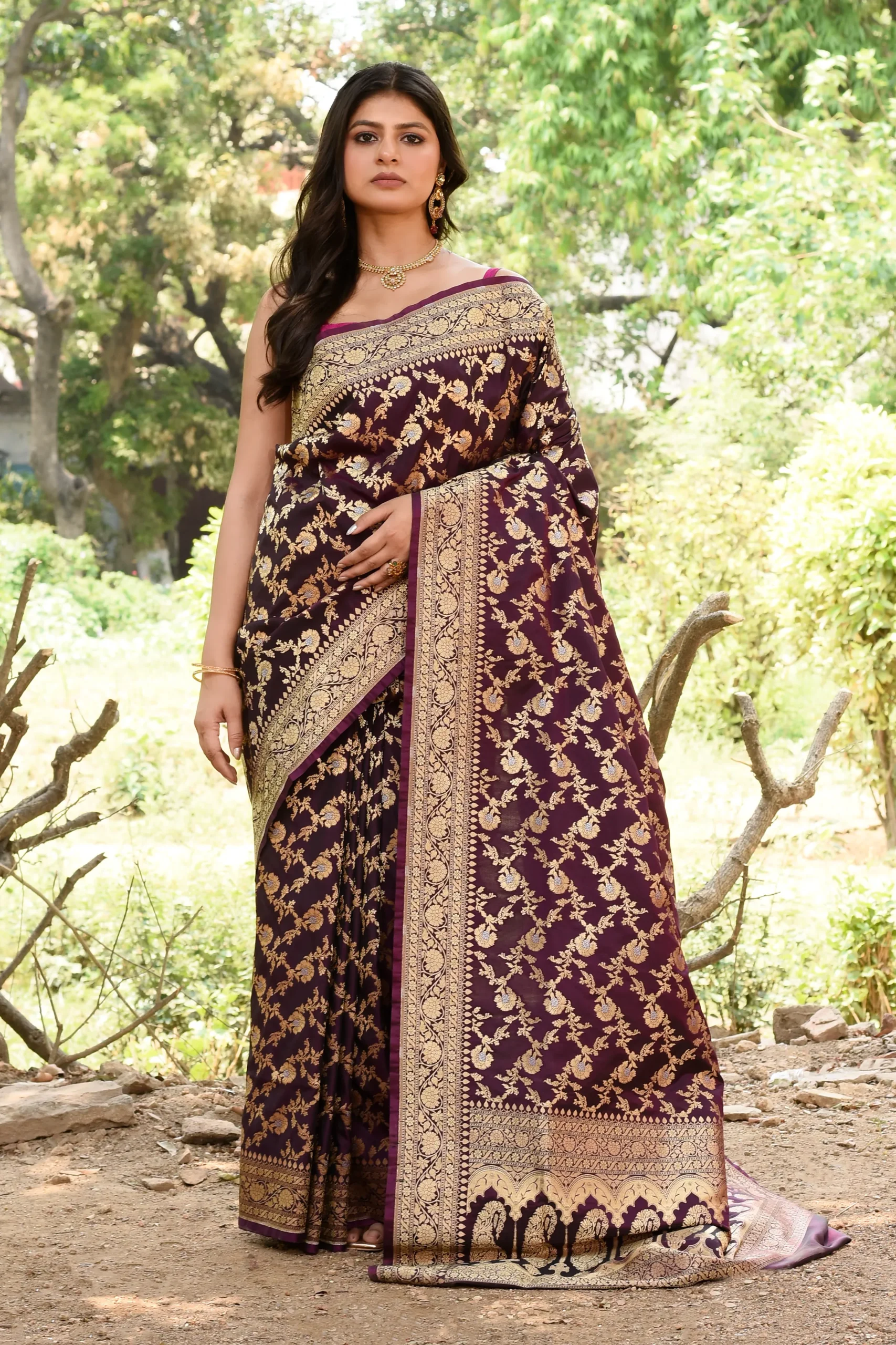 Plum Purple Banarasi Soft Silk Saree with Silver Gold Zari Floral Jaal from Golden Muslin By Naaritva Banaras