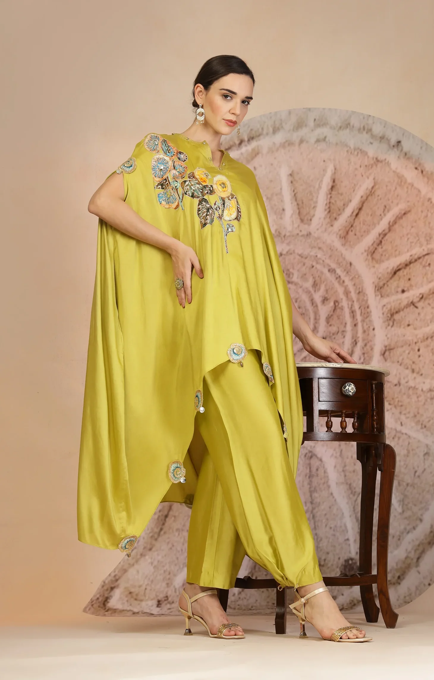 Lime Green Muslin Silk Asymmetrical Kurta with Farshi Salwar from Golden Muslin By Soniya G