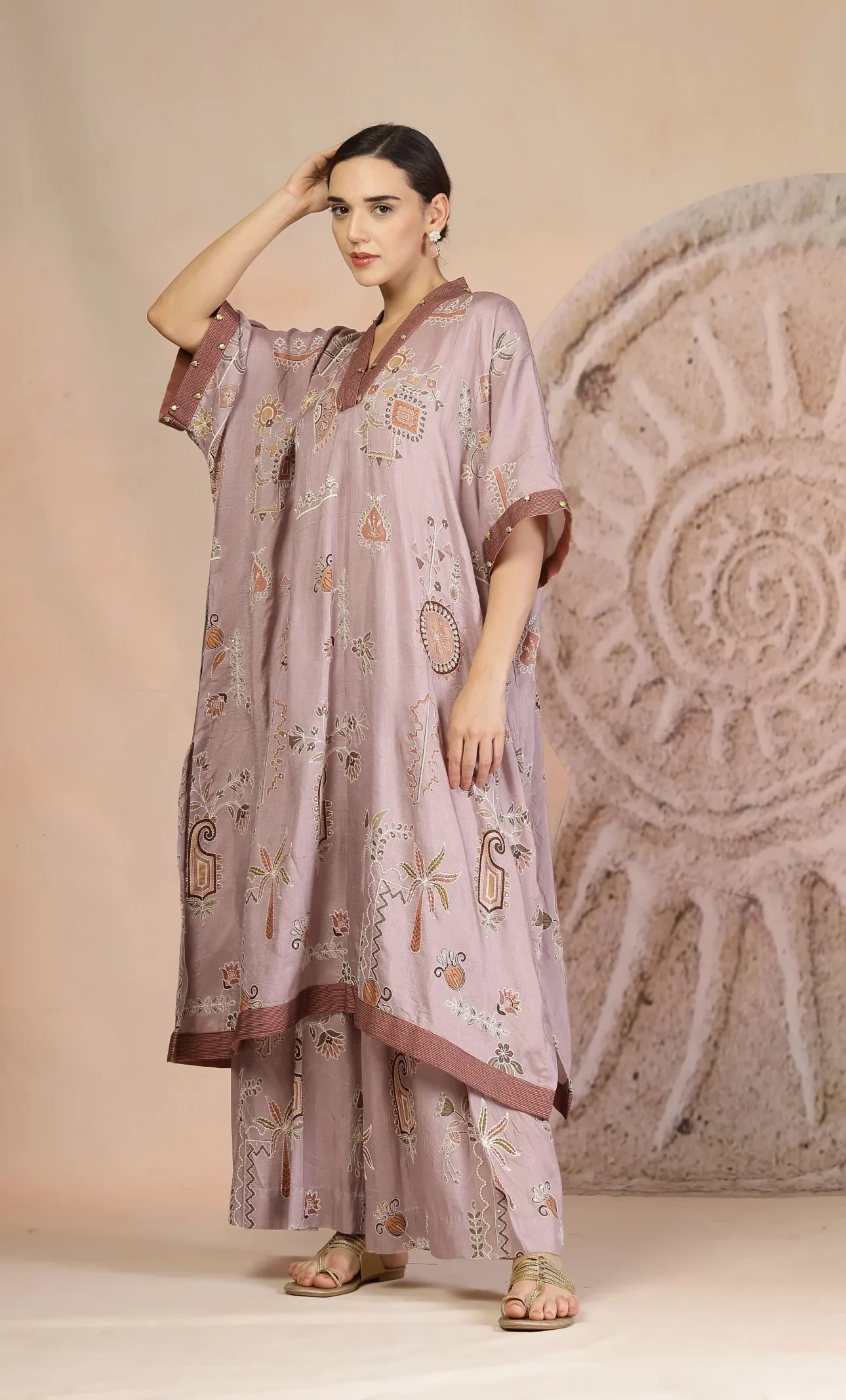 Mauve Slub Cotton Kaftan Kurta with Box Pleated Wide Leg Pants from Golden Muslin By Soniya G