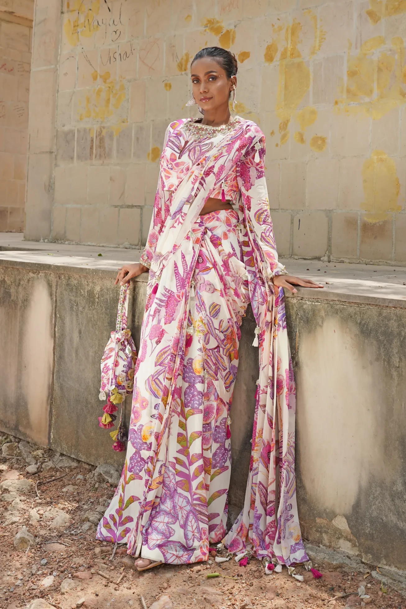 Floral Pre Draped Saree with Belted Pallu and Full Sleeve Blouse from Golden Muslin By Soniya G