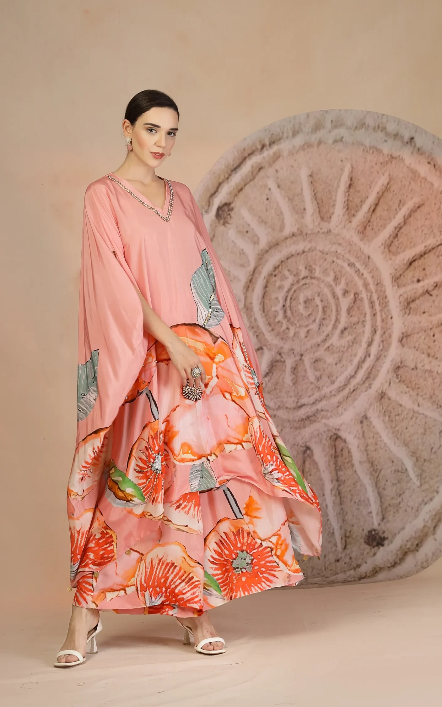 Pastel pink floral muslin silk kaftan set with beadwork from Golden Muslin By Soniya G