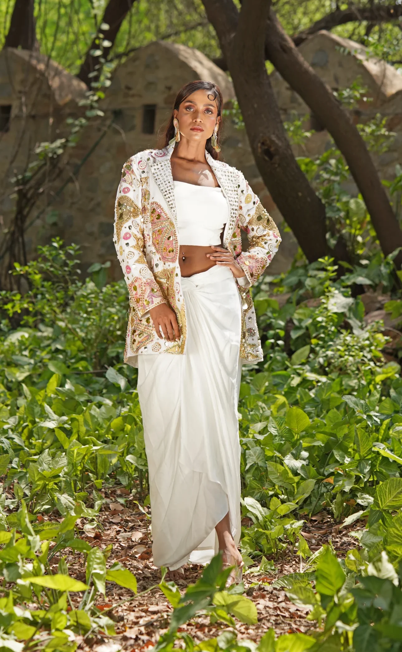Embroidered fusion blazer with draped skirt and crop top from Golden Muslin By Soniya G