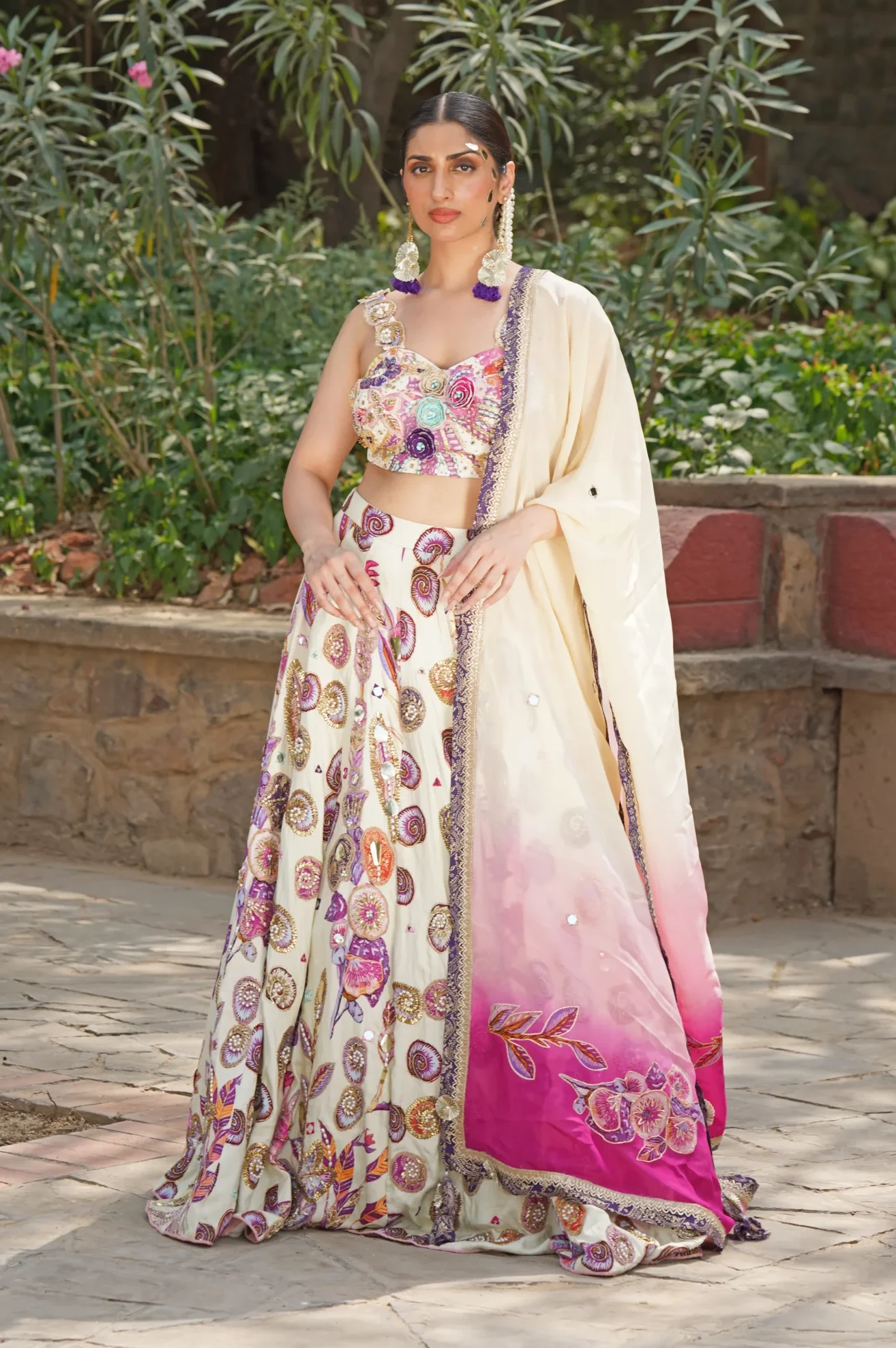 Ivory embroidered lehenga choli with ombré dupatta from Golden Muslin By Soniya G