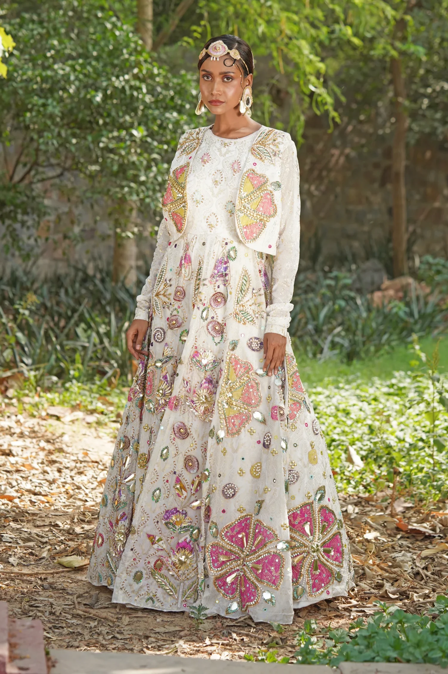 Off white embellished lehenga with full sleeve choli from Golden Muslin By Soniya G