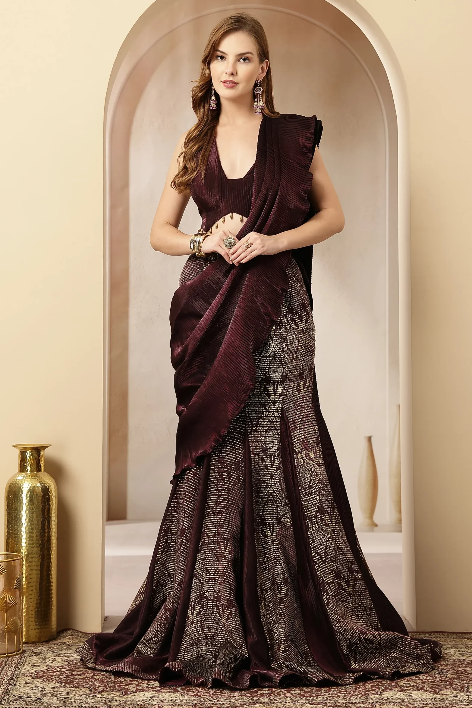 Gul-e-Sham wine pre draped saree gown from Golden Muslin By Soniya G