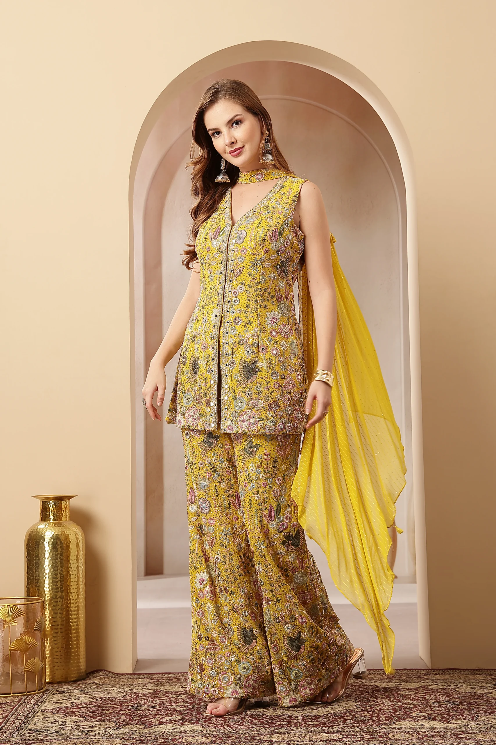 Mustard yellow embroidered sharara set with dupatta from Golden Muslin By Soniya G