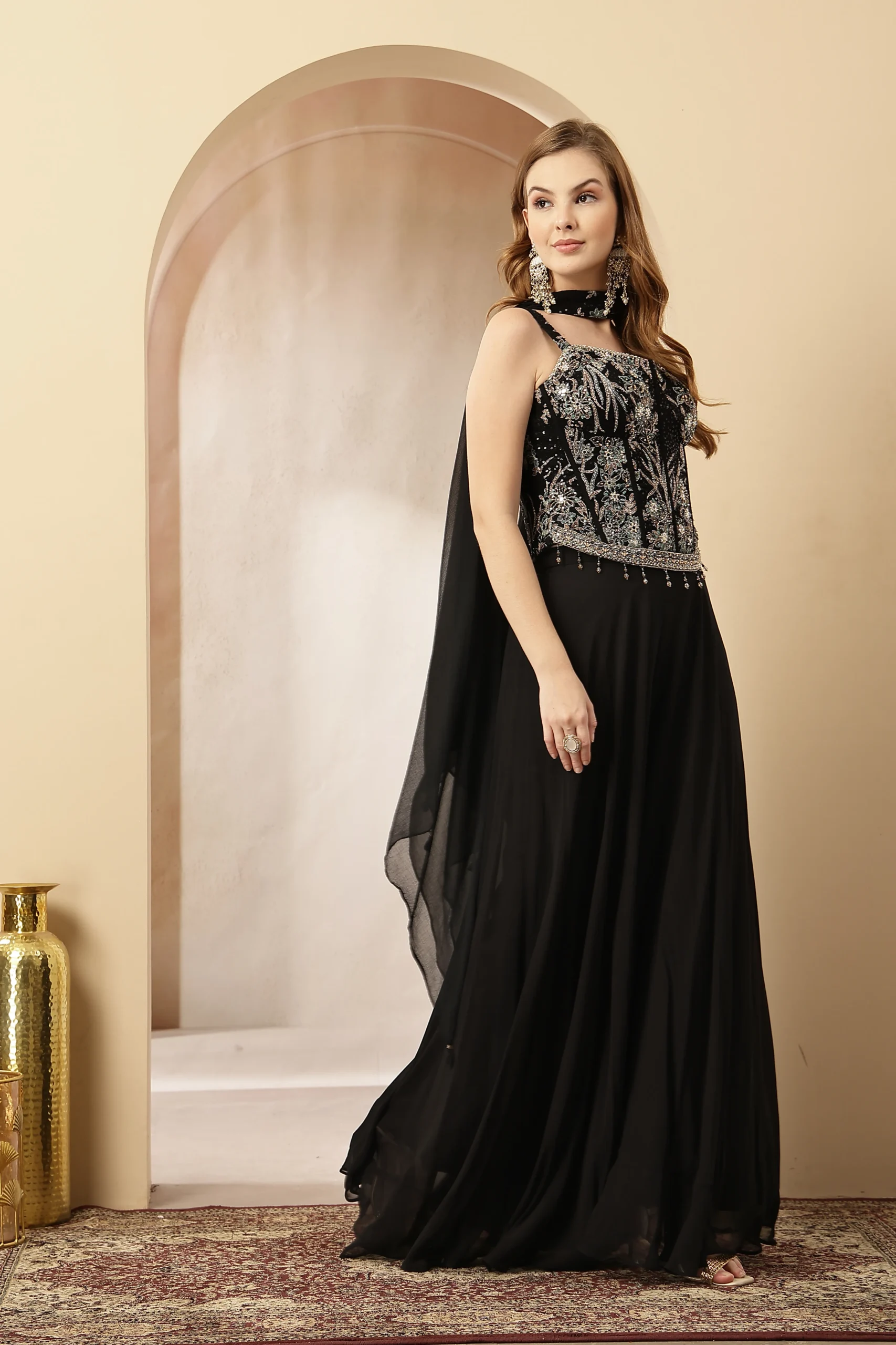 Black velvet corset blouse with palazzo pants from Golden Muslin By Soniya G
