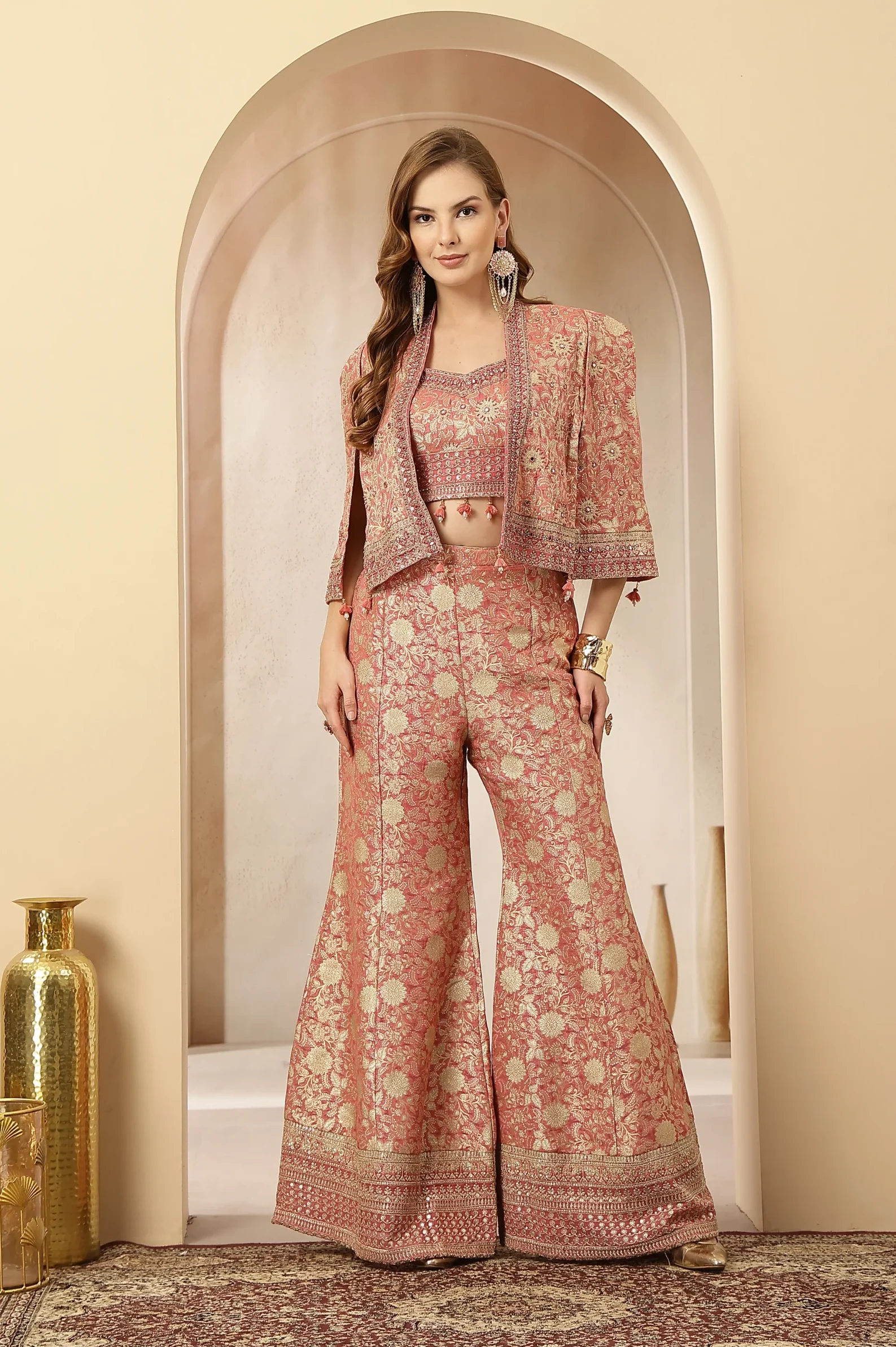 Rose gold brocade co-ord set with jacket from Golden Muslin By Soniya G