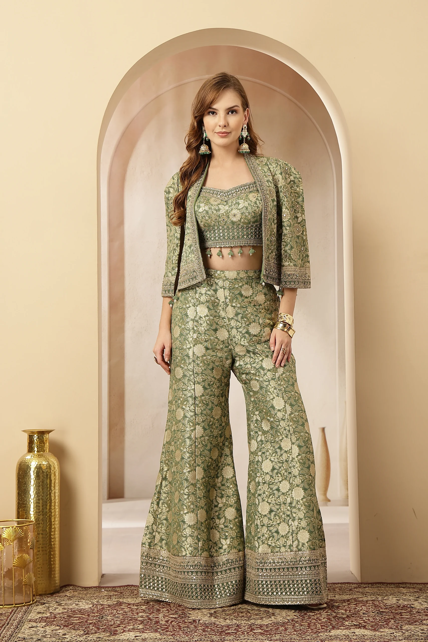 Sage green brocade co-ord set with cropped blouse, flared pants and embroidered jacket from Golden Muslin By Soniya G