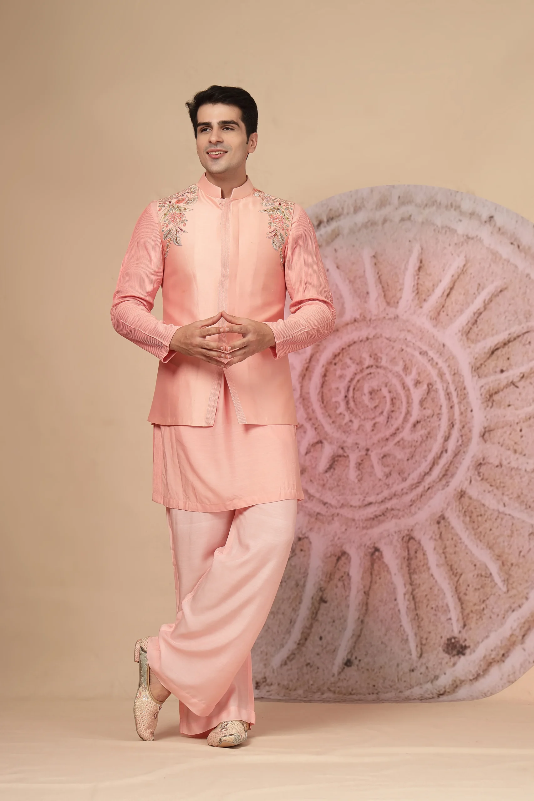 Blush pink silk kurta set with floral embroidered shoulders and palazzo from Golden Muslin By Soniya G