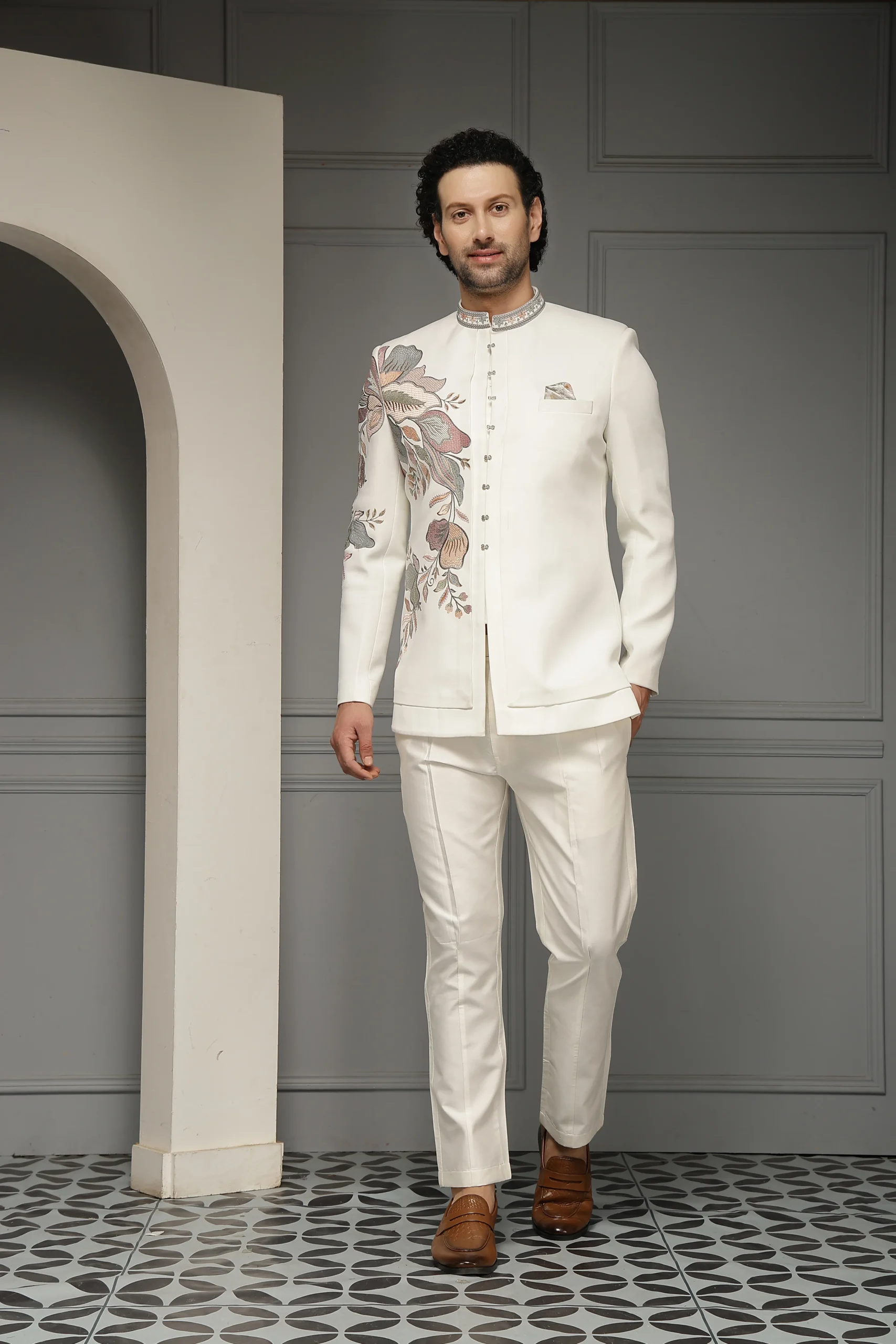 Ivory embroidered bandhgala jacket with multicolour thread work from Golden Muslin By Soniya G